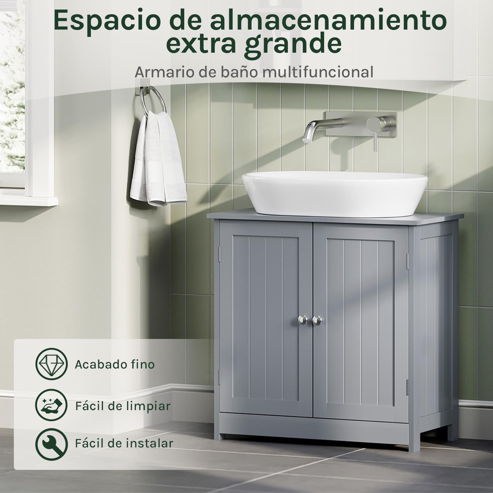 WOLTU Mueble para Debajo del Lavabo Madera, 2 Puertas para Cuarto de Baño 60x60x30cm, Gris