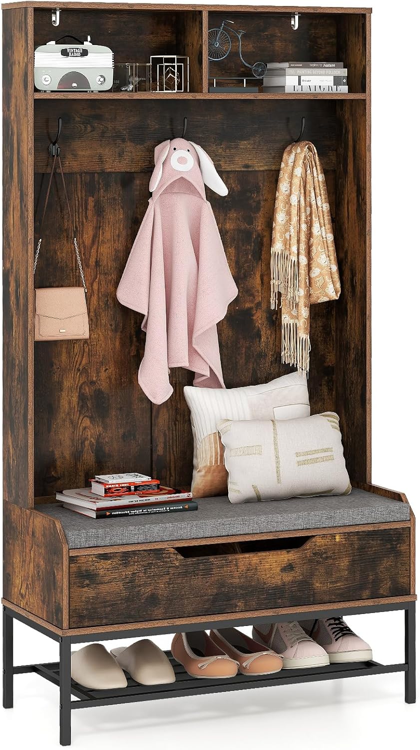 Tangkula 69 Inches Hall Tree, 4-in-1 Coat Rack with Bench and Shoe Storage, Seat Cushion, Open Compartments, Hooks, Lift-top Storage, Entryway Bench with Anti-toppling Devices (Rustic Brown)