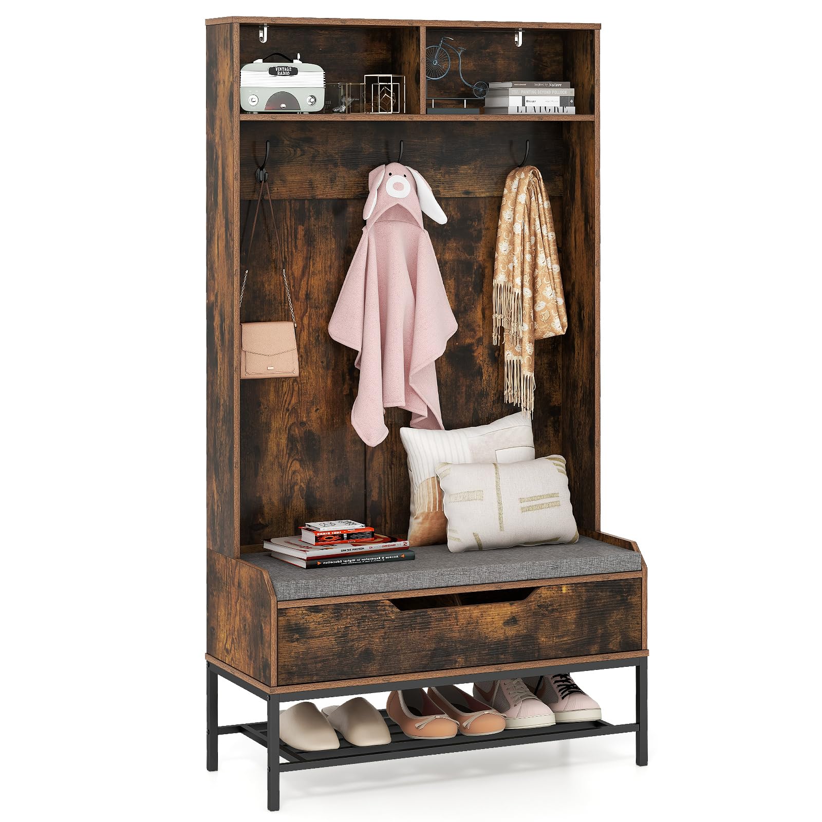 COSTWAY Coat Rack with Shoe Storage, 170cm Freestanding Hall Tree Coat Stand with Shelves, Hooks, Lift-Top Bench and Seat Cushion, Entryway Hallway Storage Unit Clothes Hanger Organiser (Rustic Brown)