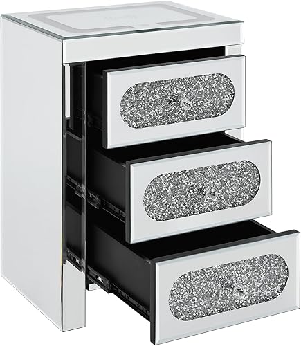 Miniatura 8 de COSVALVE Mesita de noche plateada, mesa auxiliar con espejo con carga inalámbricaUSBtipo C, moderna mesa auxiliar LED con cajones de cristal,