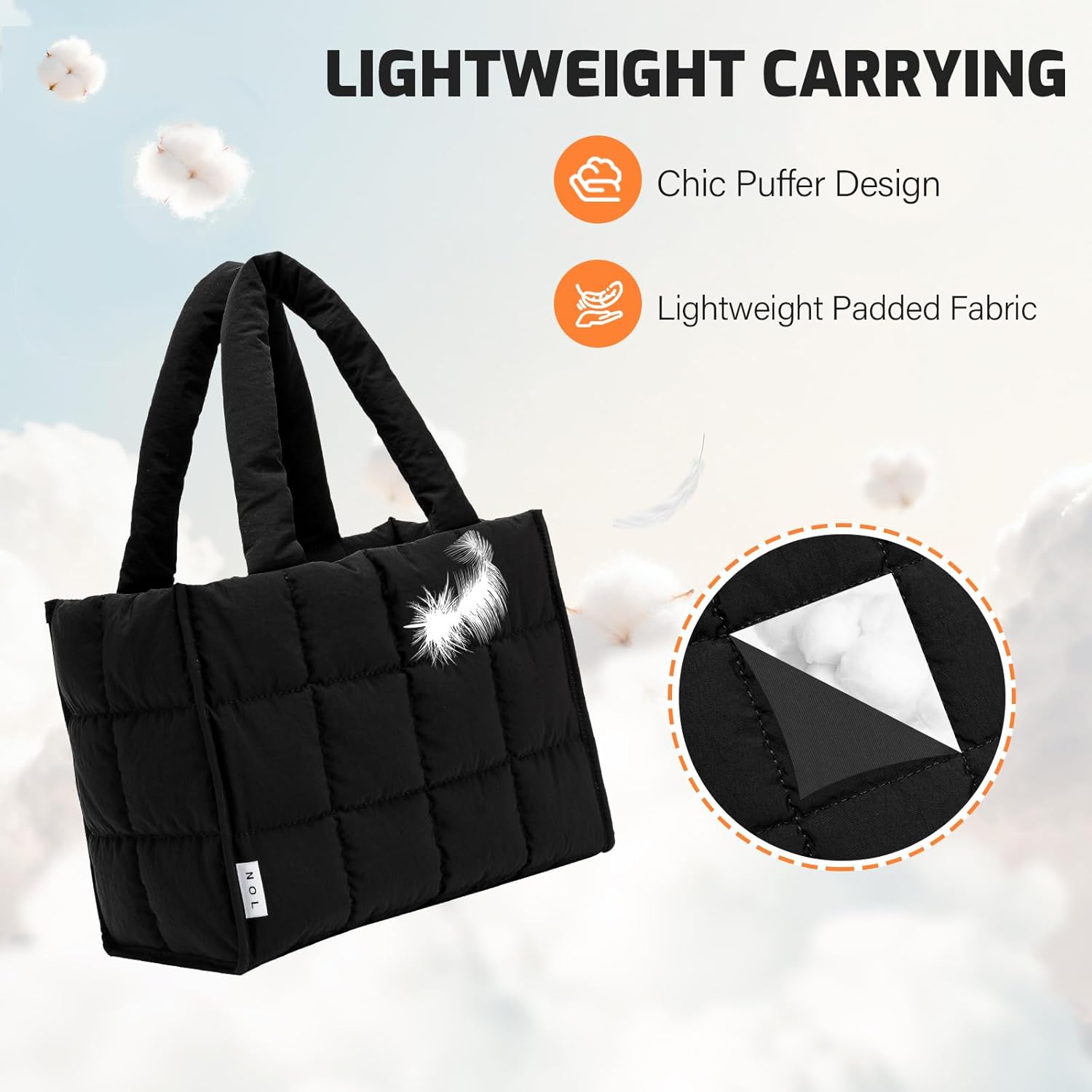 NOL Natural Organic Lifestyle Women's Nylon Lunch Cooler Quilted Tote Bag Puffy Insulated Lunch Bag for Women, Lightweight Waterproof Lunch Box for Work, Picnic, Outdoors,Black