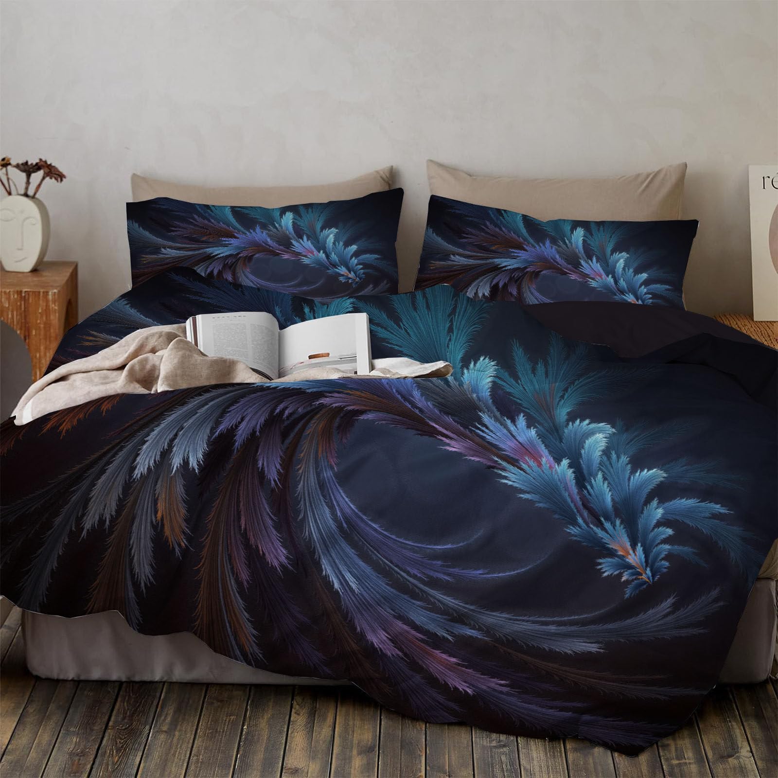 Housse de couette 140x200cm motif plumes bleu pour chambre d'ado