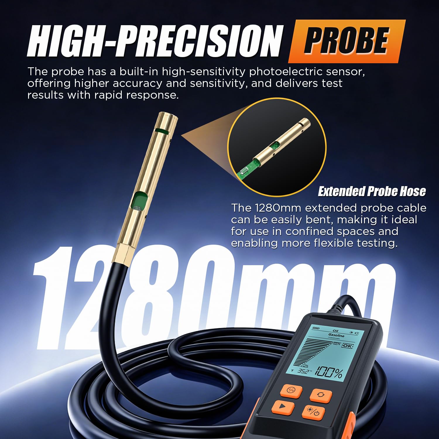 Probador de aceite de motor, probador de calidad de aceite de motor diésel y gasolina, sonda extendida de 50 pulgadas y respuesta rápida, analizador profesional de aceite de motor con pantalla LCD de