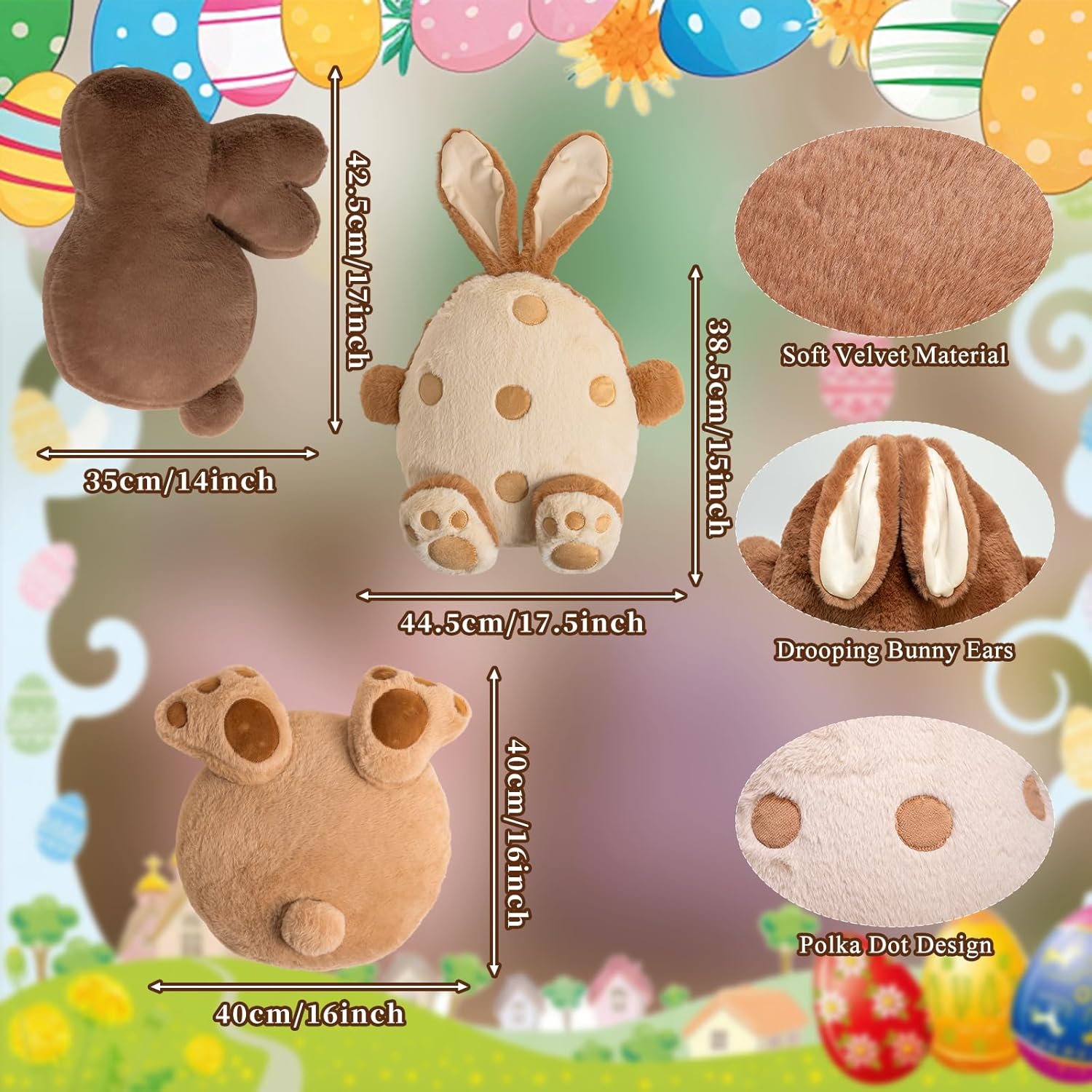 Lanpn Easter Shaped Throw Pillows Set of 3, Light Brown Egg with Feet Dark Brown Bunny Speckled Soft Velvet Egg with Ears and Tail Rabbit Cushions for Sofa Couch Bedroom Spring Decor