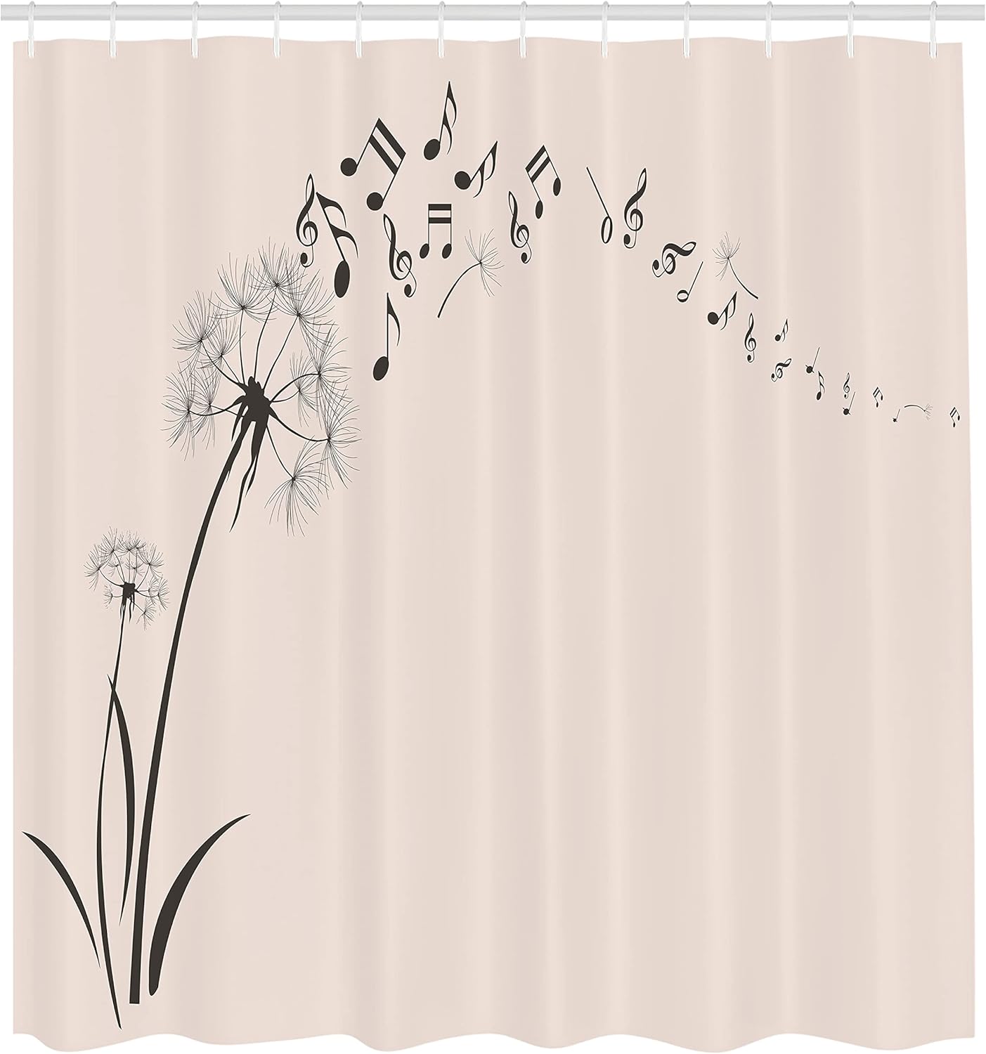 Ambesonne Music Shower Curtain, Flying Dandelions Notes Summer Spring Meadow Silhouette Softness Simple Print, Cloth Fabric Bathroom Decor Set with Hooks, 69" W x 70" L, Night Grey