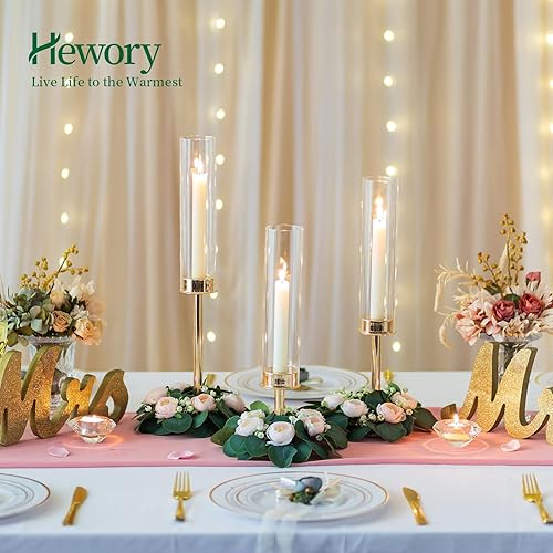 Miniatura 7 de Hewory Portavelas dorados para huracán, 6 portavelas de palo, candelabros, portavelas cónicos con cubierta de vela de vidrio para mesa de boda,