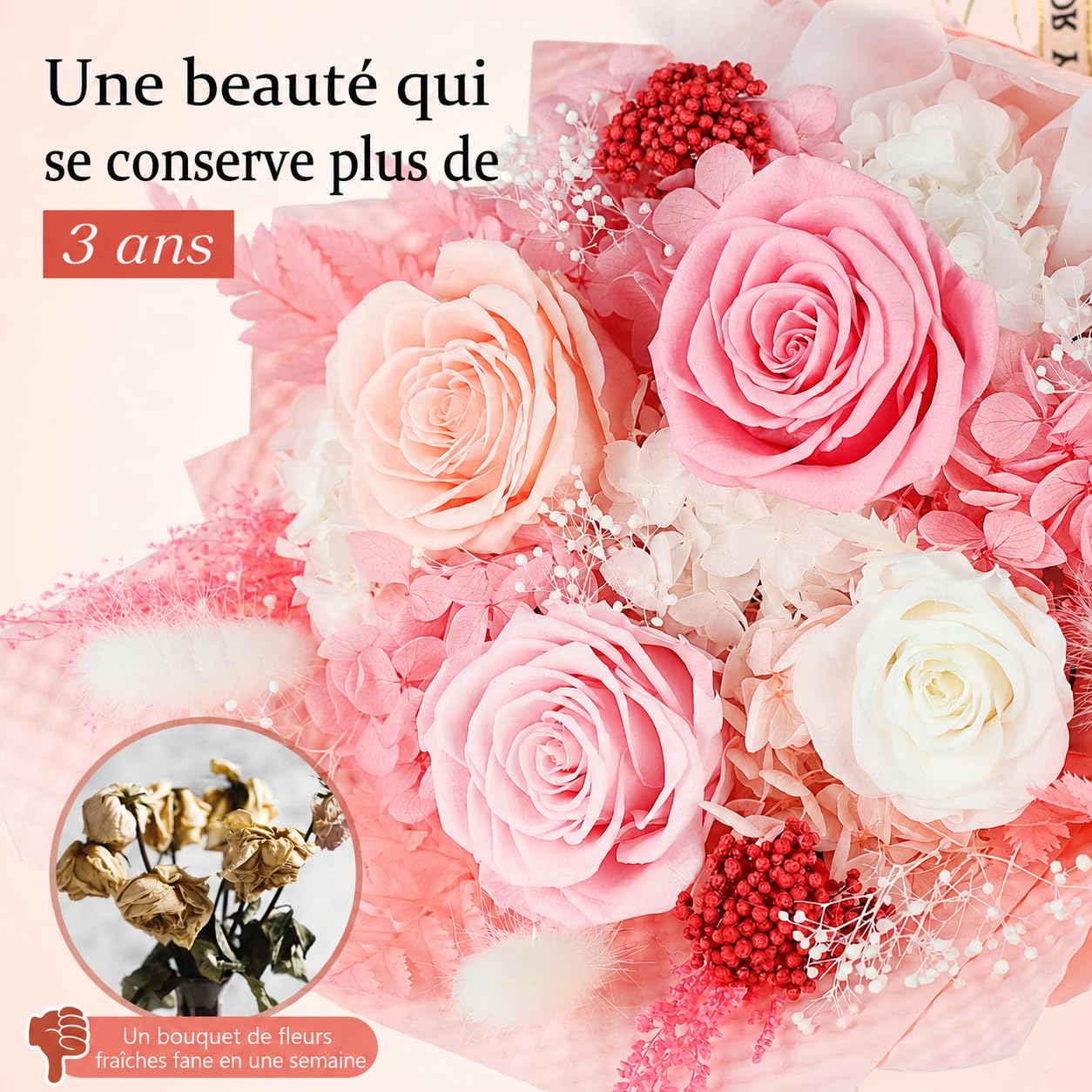 Bouquet de Rose Eternelle Rose avec Vase, Fleur Eternelle Cadeau, Boite Rose Eternelle, Cadeau pour Femme, Maman, Copine, Amie, pour Saint-Valentin, Anniversaire, Fete des Meres