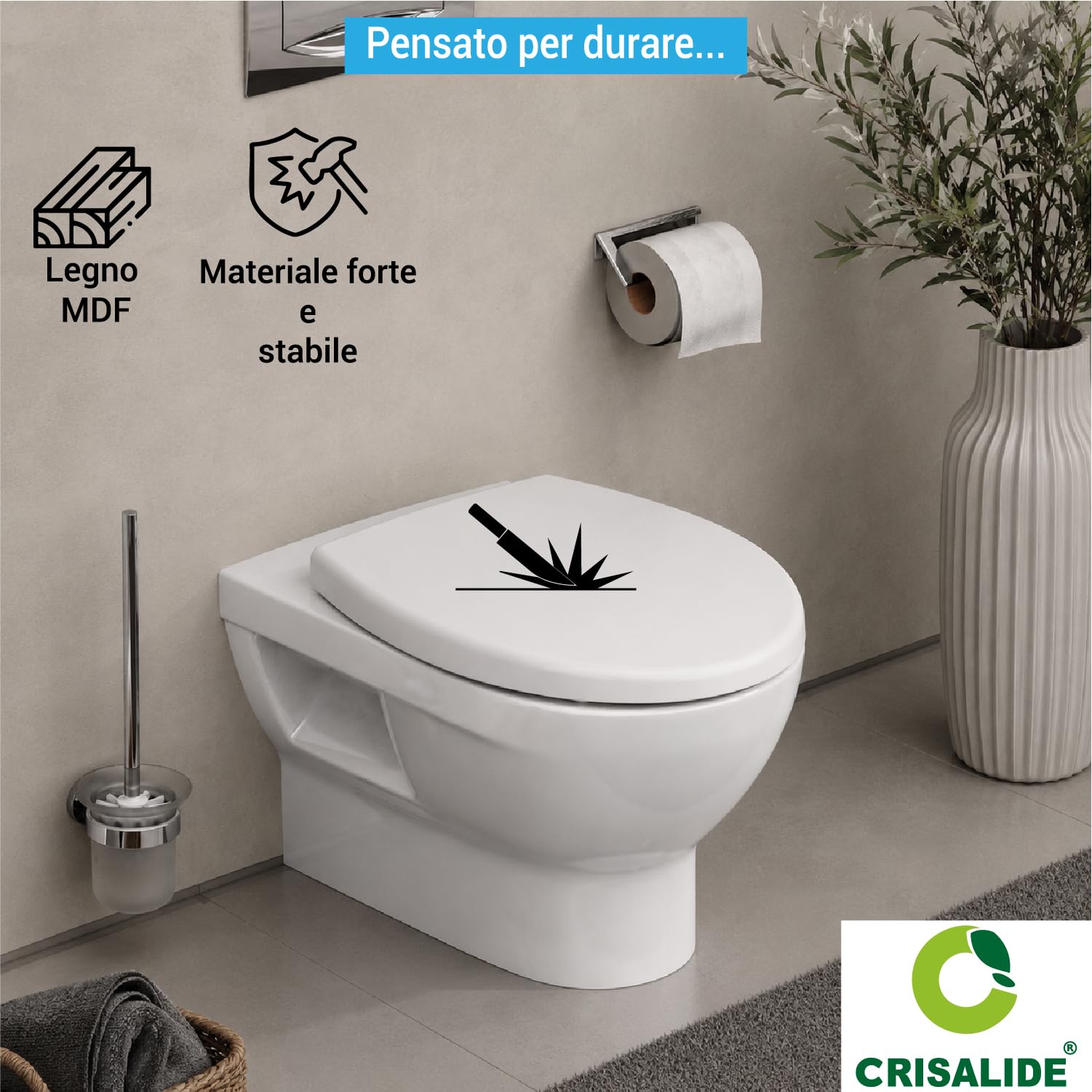 Crisalide® - Asiento de inodoro universal compatible blanco, tapa de inodoro con cobertura completa de MDF, cierre Soft Close, fijación ajustable de PVC, gomas antideslizantes, 36,7 x 44,5 cm