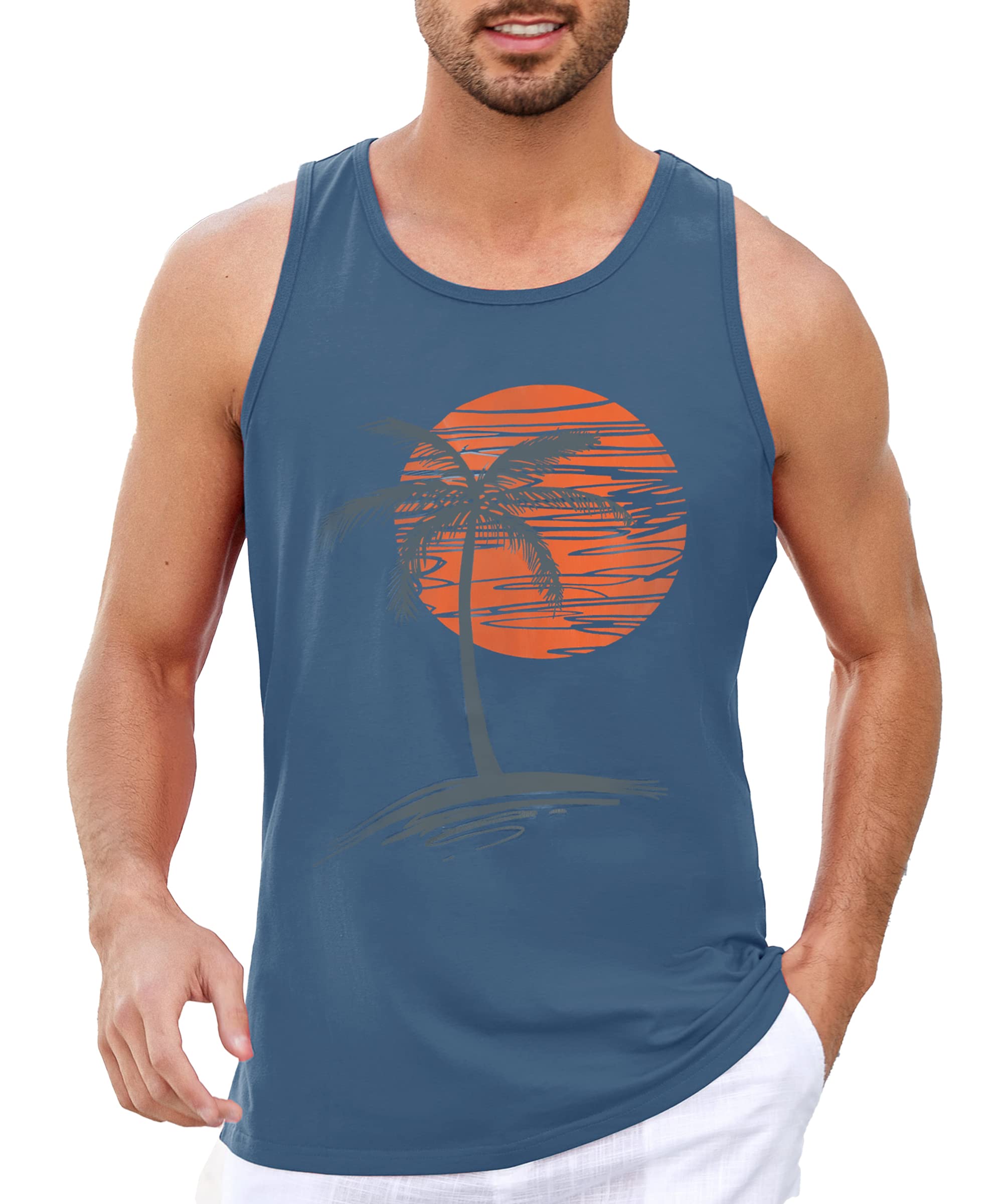 Damorong Mens Sleeveless Tank Tops Workout Gym Shirts Palm Tree Vintage Style T-Shirt
