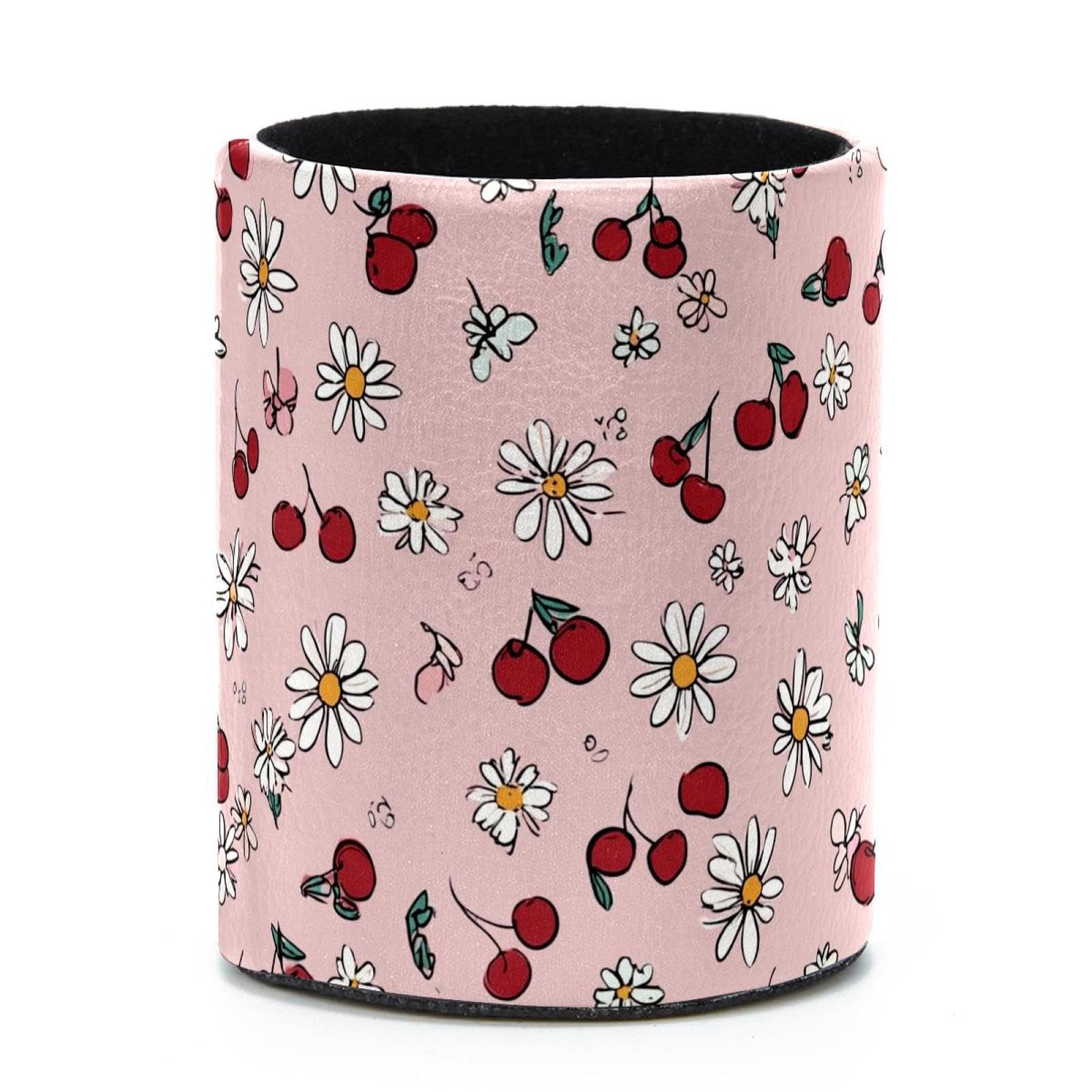 VAPOKF Round Pencil Holders for Desk, Daisies and Cherries Pen Holders Pen Pot Makeup Brushes Storage Desktop Stationery Supplies Organiser for Home Office