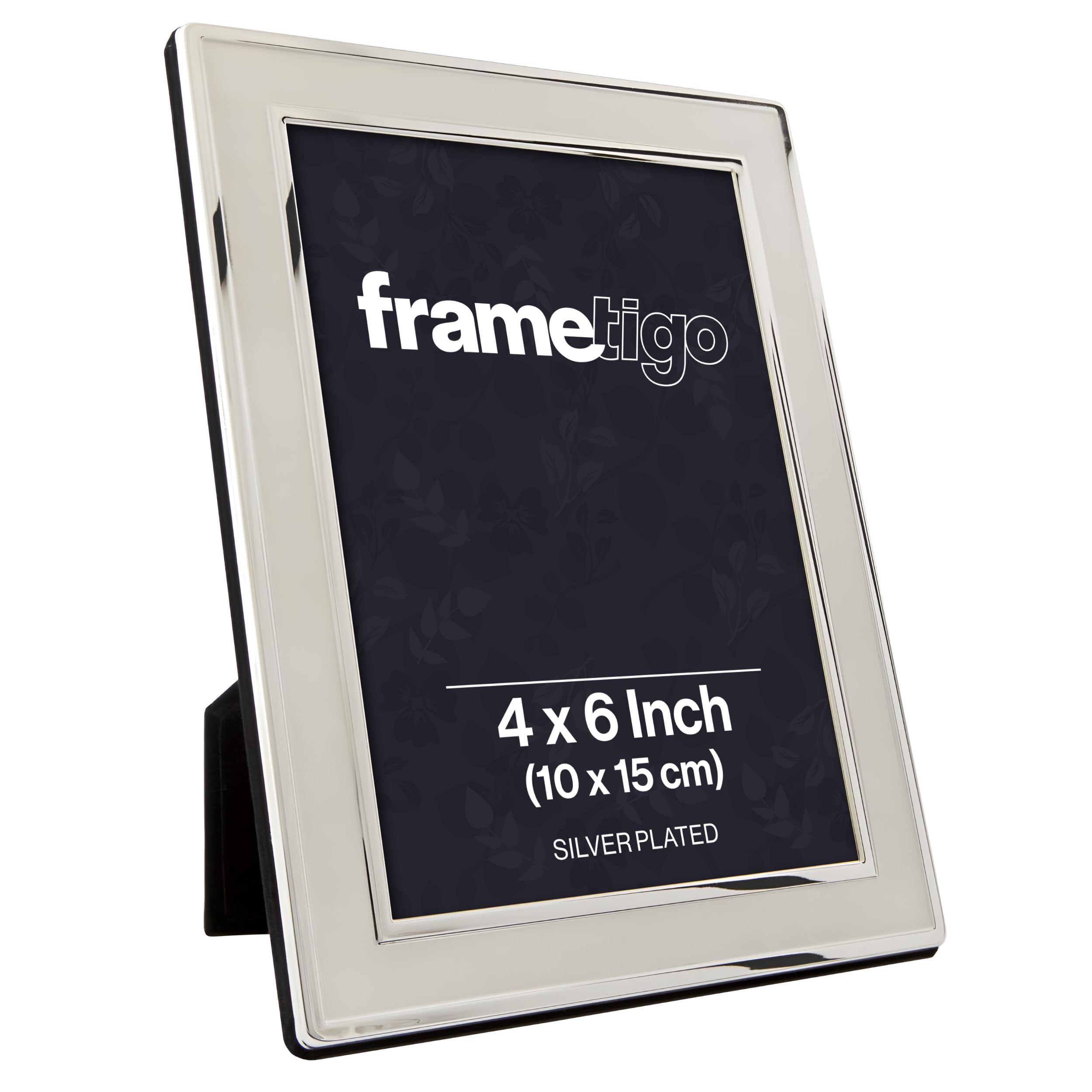 Frametigo - Silver Plated Plain Satin Photo Frame, 4"x6" (10x15cm) Photo Size - Velvet Frame Backing & Stand - Real Glass Window - Tarnish-Resistant - Landscape or Portrait Orientation