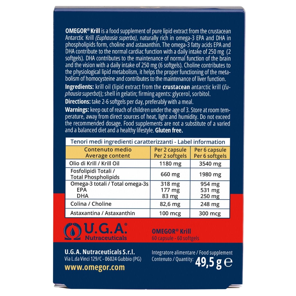 Omegor Krill - Complément alimentaire avec phospholipides, choline, Oméga-3 et astaxanthine à haute biodisponibilité - 260 mg d'EPA et DHA - Sans arrière-goût - Facile à avaler - 60 capsules