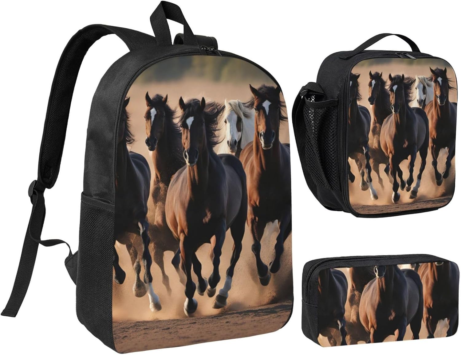 running horses print 3 Piece Backpack Bags with Lunch Box Pencil Case Set for Travel Work Camping Unisex