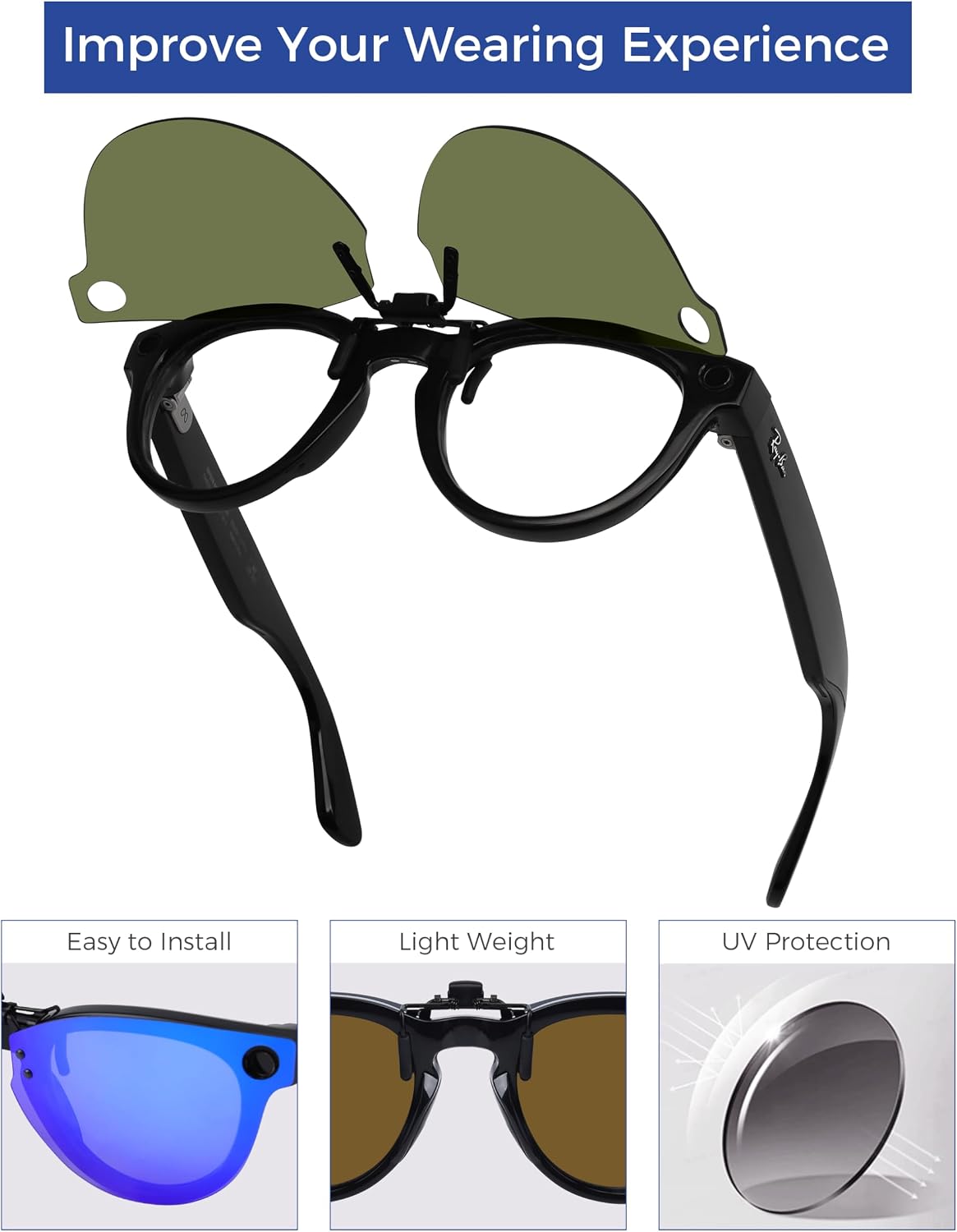 Polarized Flip-up Clip-on Sunglasses for Ray-Ban Meta Headliner RW4009 & Gen 2 RW4013 50mm for Men Women UV Protection image 4