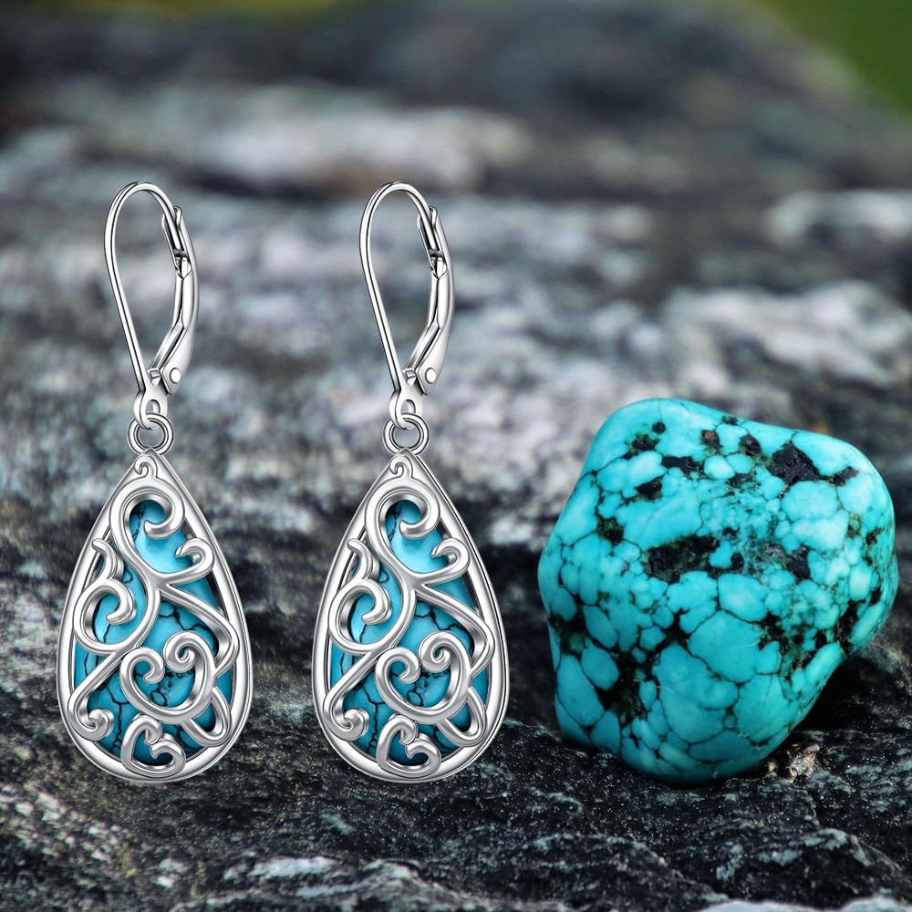 Turquoise Dangle Earrings for women, Filigree Turquoise Jewelry 925 Sterling Silver Western Earrings, Bohemian Teardrop with Jewelry Gifts Box - Image 9