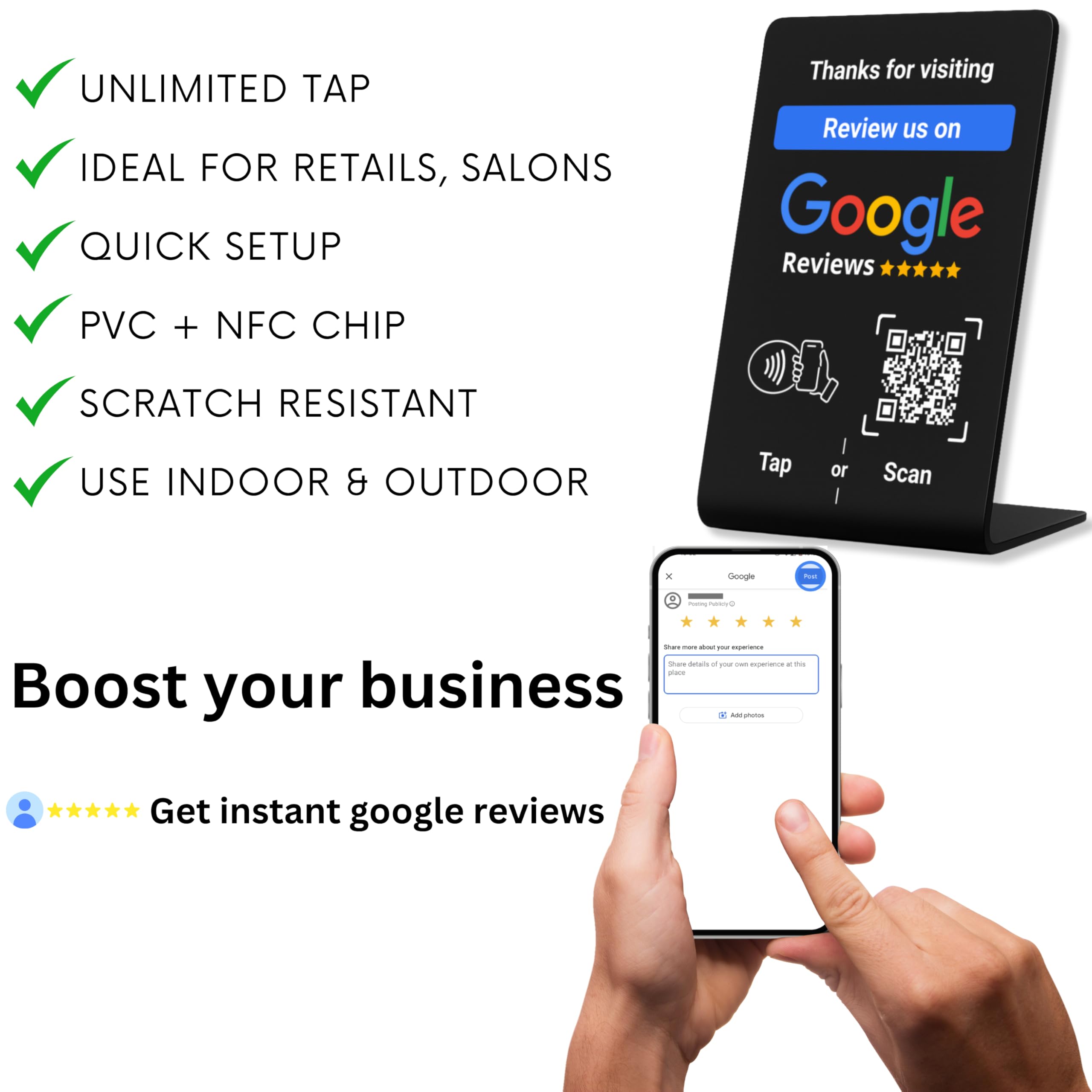 NFC Tap Google Review Stand - Boost Customer Feedback with Tap & Scan QR - No App, No Subscription - Works on iPhone & Android (Black, 1 Pack - 4.13"x2.75")