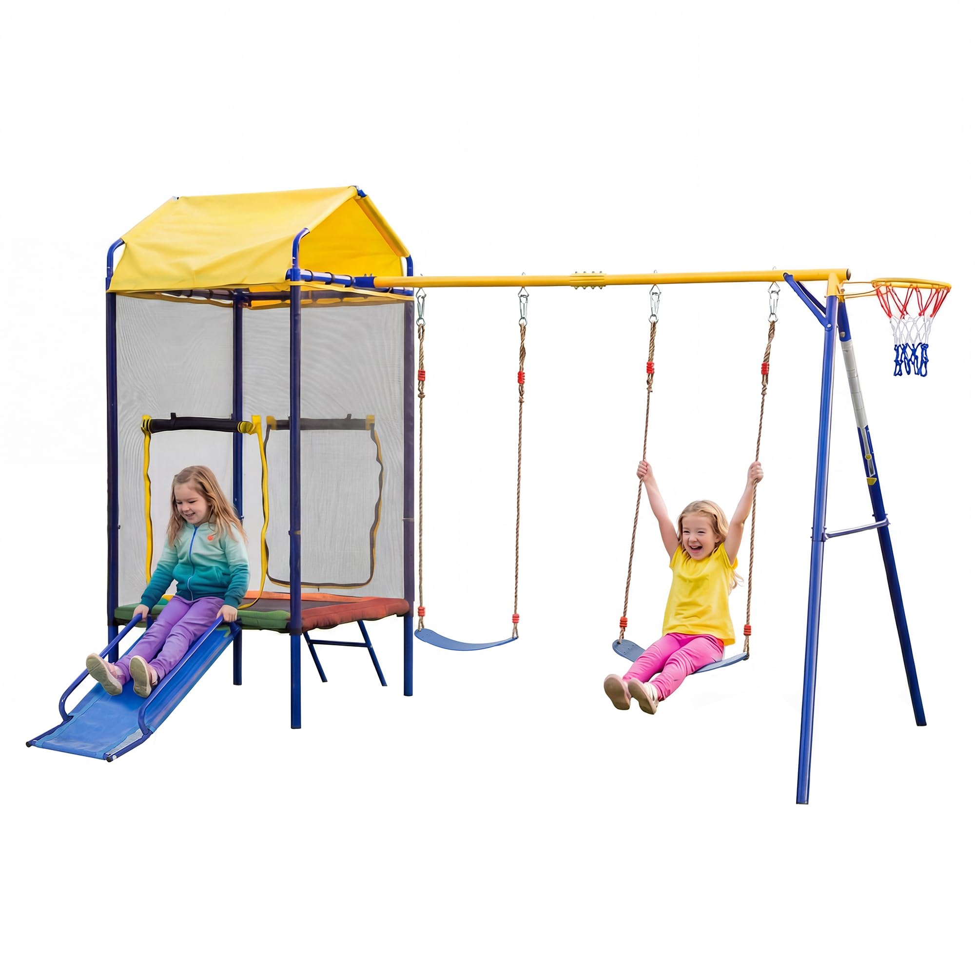SACOOL Torre da gioco multifunzionale per bambini outdoor con trampolino, altalena, scivolo, canestro da basket, rete di sicurezza e robusto telaio in ferro per giardino, colorato