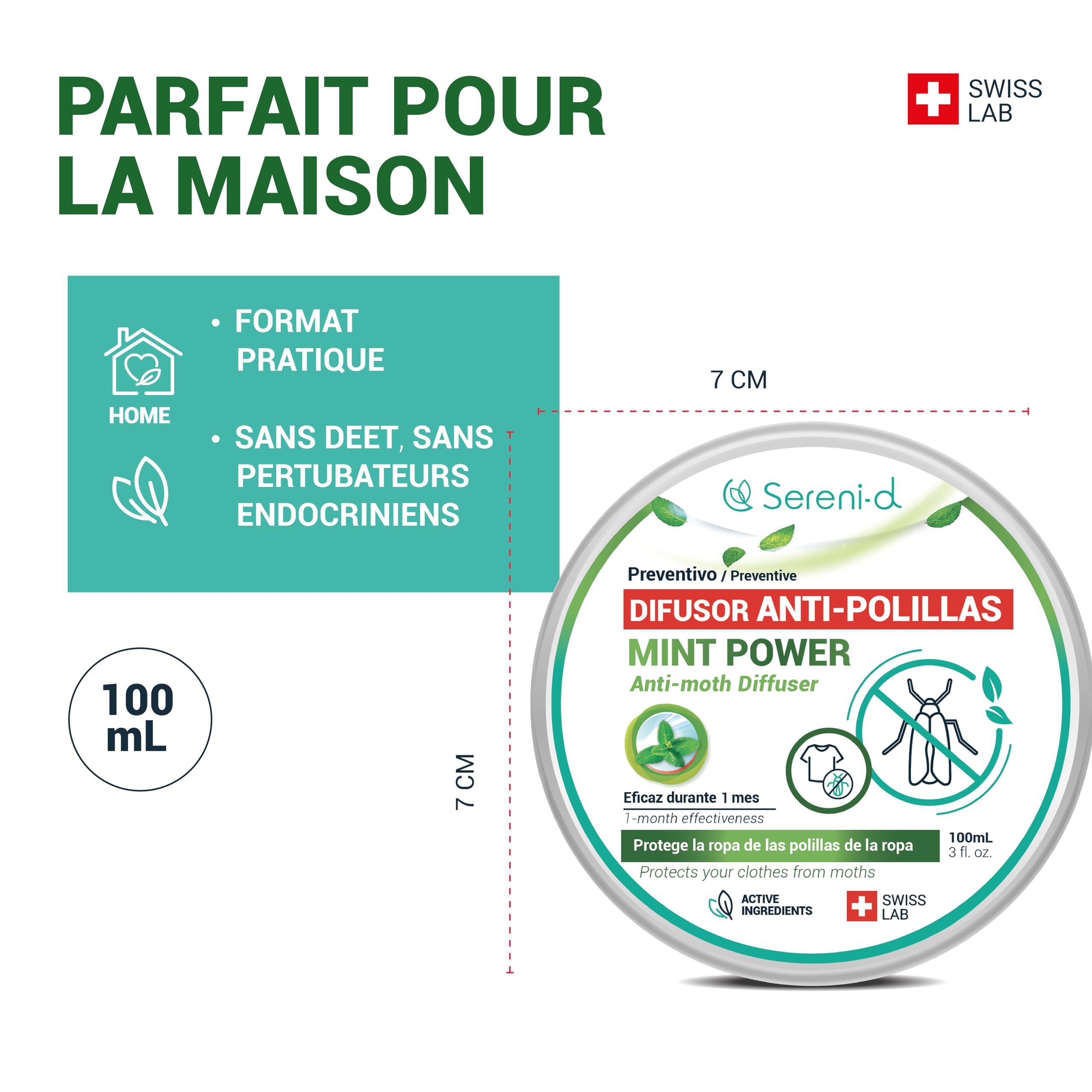 SERENI-D Diffuseur ANTI-MITES Textiles MINTPOWER - Protection répulsive des Vêtements, Lainages et Fourrures - Parfum Menthe - Action immédiate et protège les placards des nouvelles infestations