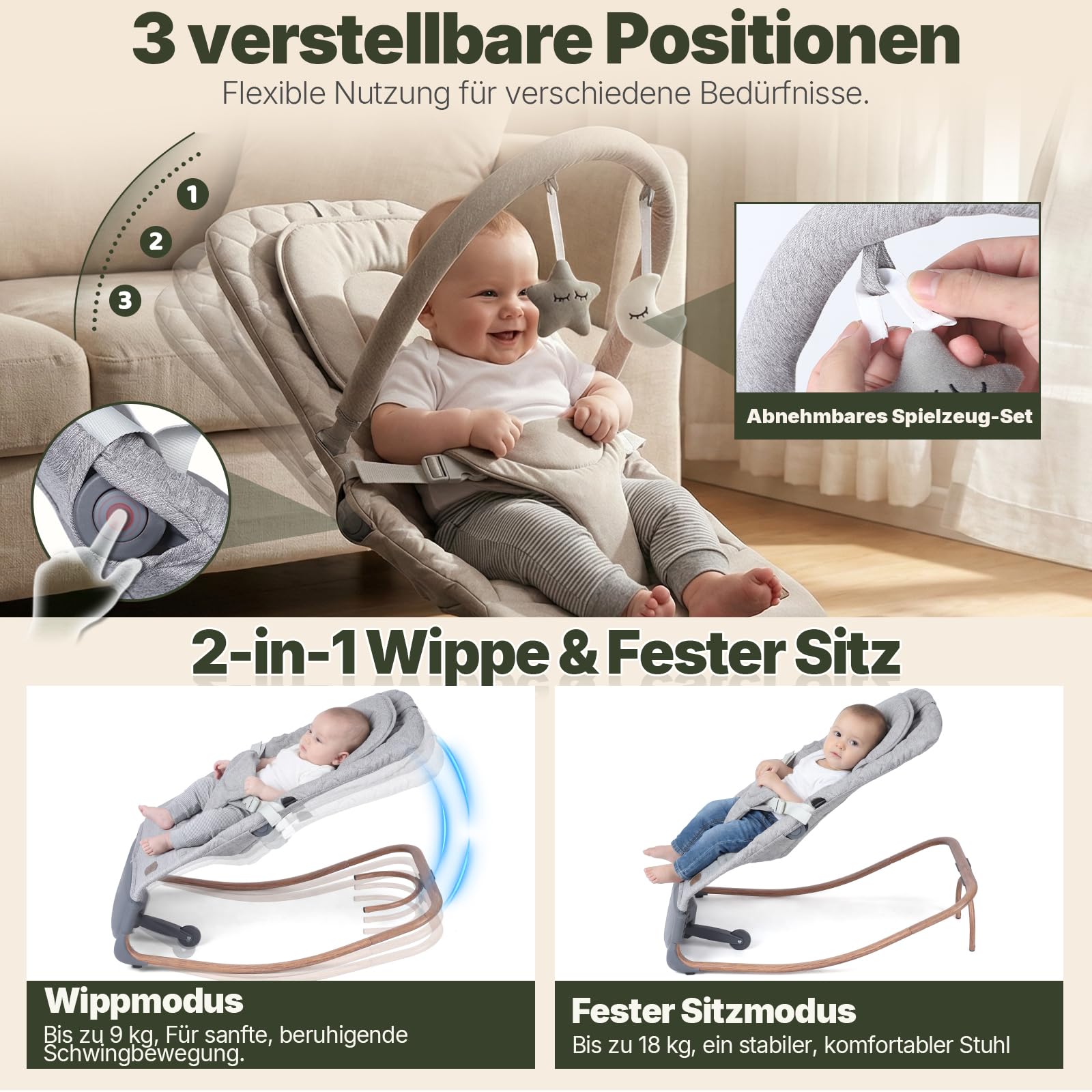 Baby Rocker Elektrische, Automatische Schaukeln mit Klopf-Sensor | 3 Schwinggeschwindigkeiten & Touchpanel, 2 Timer (30/60 Min), 8 Schlaflieder, Bis 9kg & 65cm, Zephyrgrau