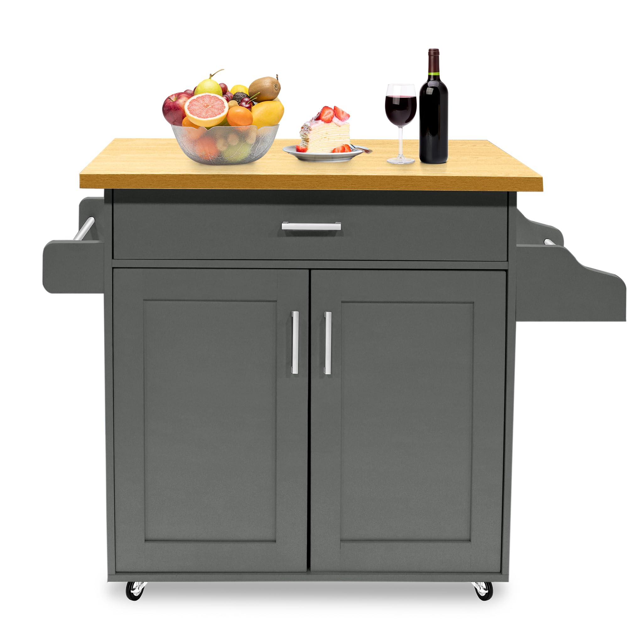 UISEBRT Carrello da cucina con piano di lavoro in legno, mobile da cucina su ruote con cassetto e ripiano, grigio