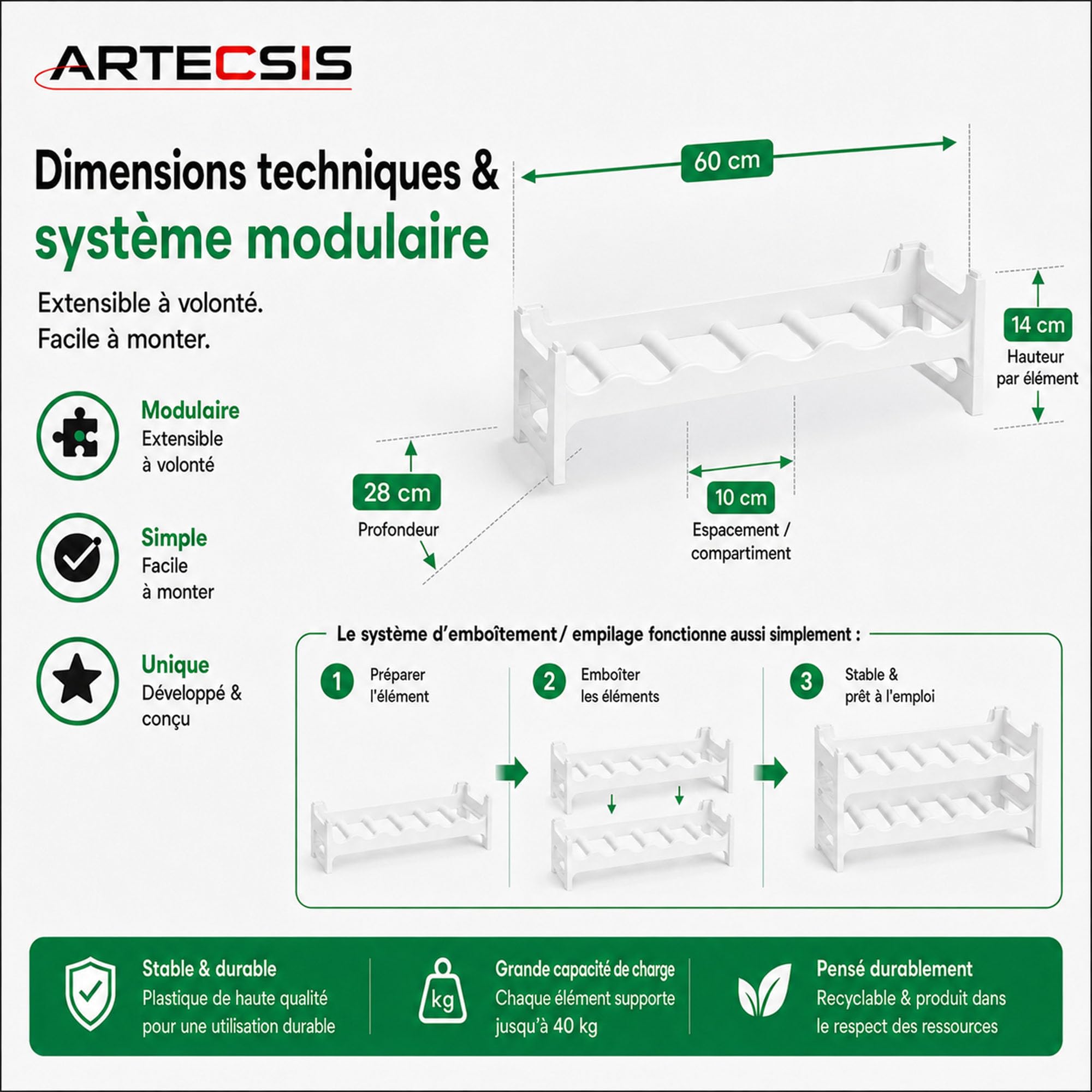 ARTECSIS Casier à Bouteilles, Étagère à Vin pour 24 Bouteilles, Range Bouteille Plastique Blanc, Hauteur de 54 cm