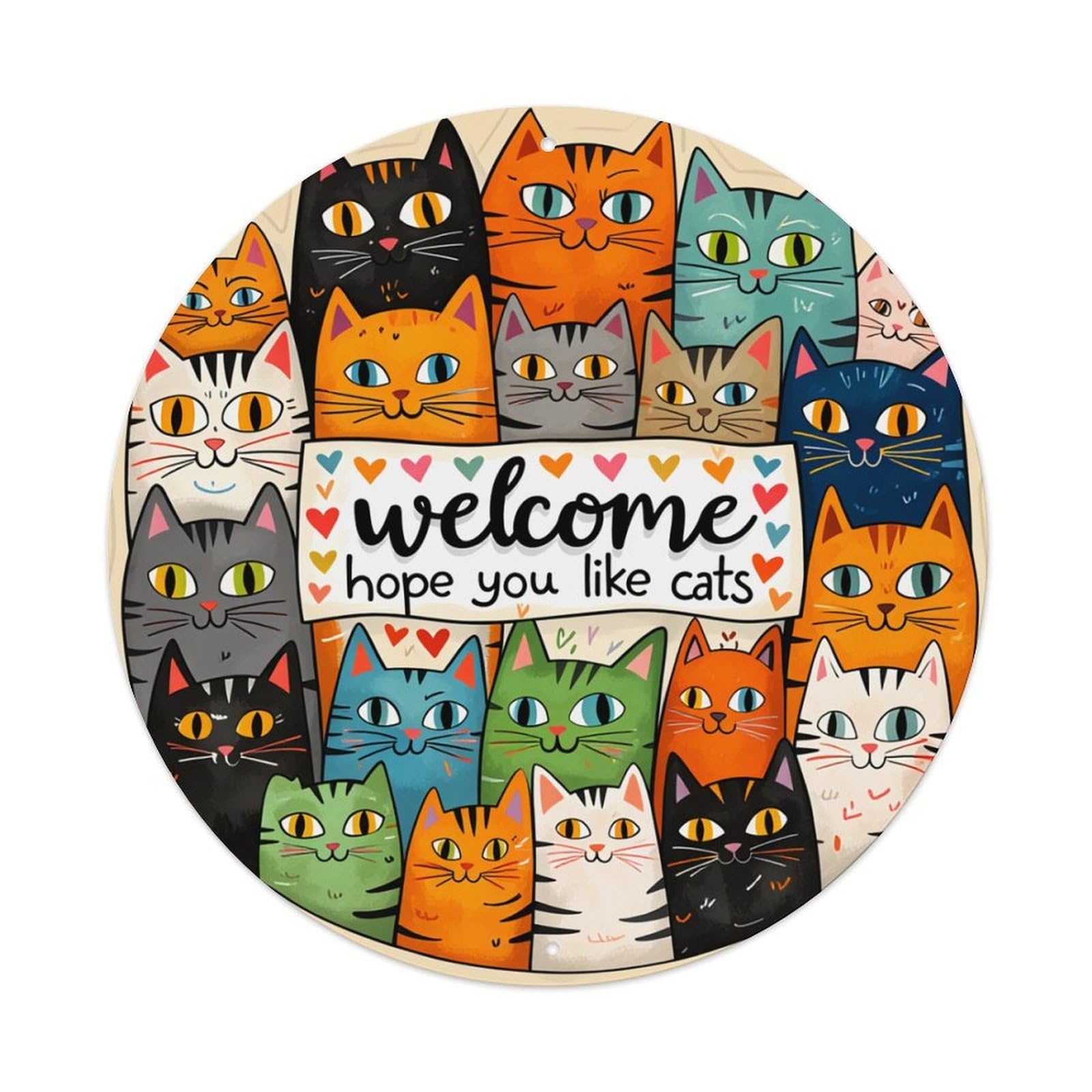 Colorful Cats Welcome Sign Round Tin Sign Retro Metal Sign for Cafe Bar Pub Home Game Room Gym Club Wall Decoration Vintage Metal Poster 8x8 Inch