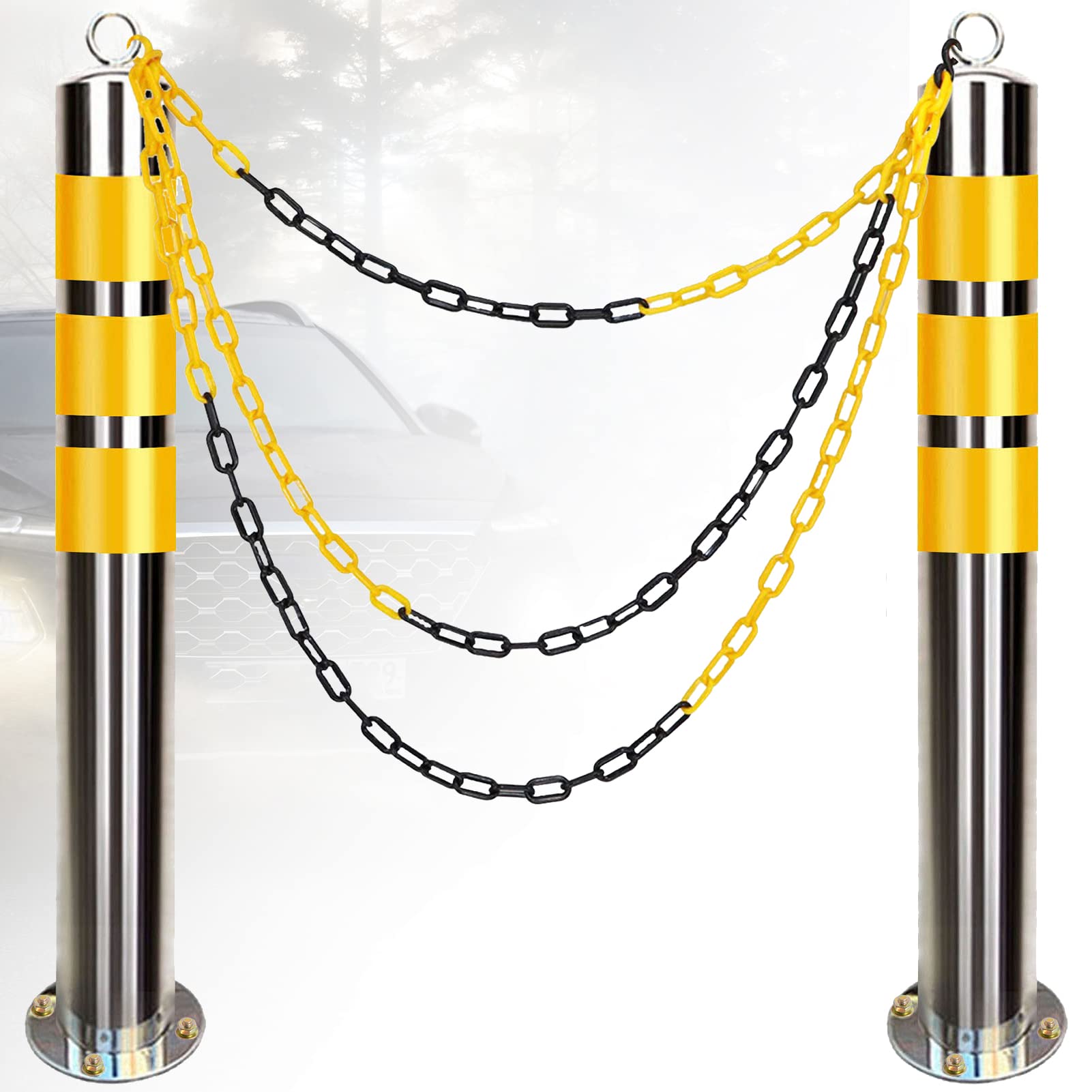 Conos de seguridad Bolardos de estacionamiento for entrada, paquete de 2 postes de señalización con cinta reflectante amarilla, conos de tráfico de acero inoxidable con barrera de cadena de plástico y