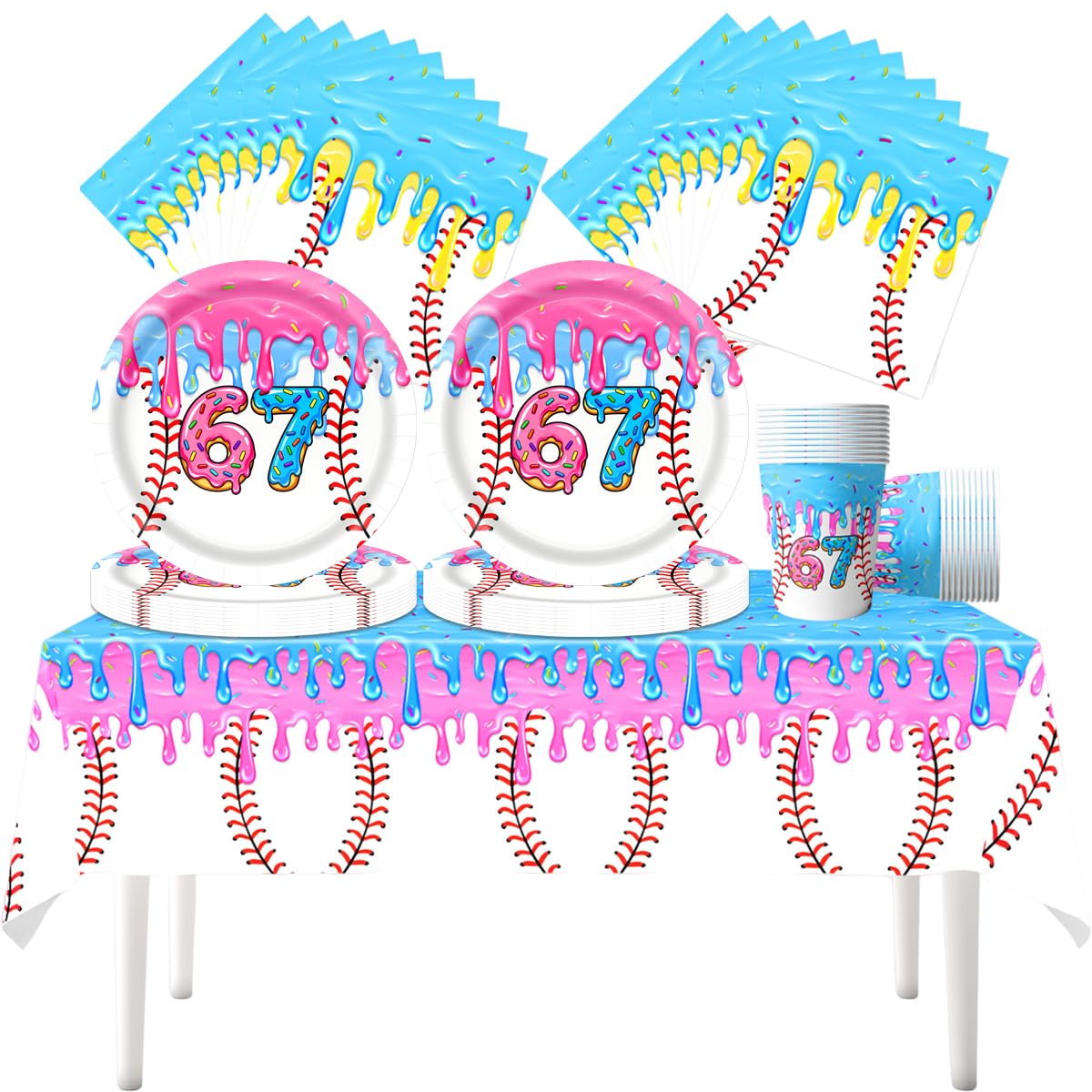 Stoviglie per feste a gelato, 61 pezzi Baseball Stoviglie per compleanni per bambini, Tema Meme virali Set di piatti di carta per feste, Compresi bicchieri, tovaglioli e tovaglie