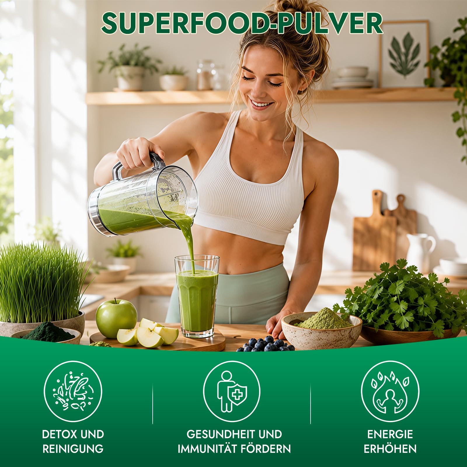 Grüne Entgiftungspulver Helfer,200g Grüner Superfood Pulver Helper Mix mit Matcha, Spirulina, Gerstengras & Heidelbeeren | Ballaststoffreich & Vegan | Greens Pflanzenpulver für Alltag & Ernährun
