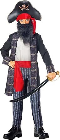 Blackbeard Pirate Costume for Boys | Kids Halloween Buccaneer Suit, Jacket, Hat And Scarf, Mustache And Beard