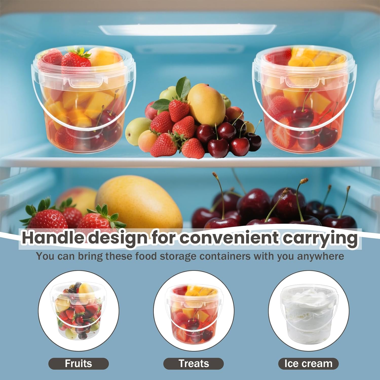 24 Pcs 48 oz Clear Buckets with Lids, Plastic Ice Cream Containers with Colorful Stickers and Handle, Round Food Storage Pails for Freezer and Microwave