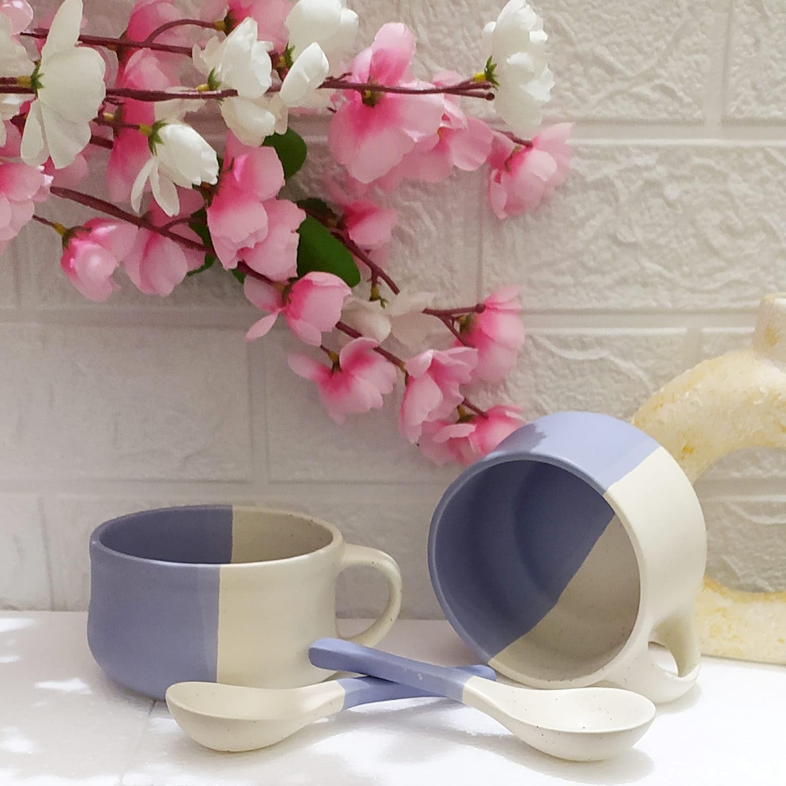 Aav World Ceramic Soup Bowl with Spoon/Soup Cups Microwave Safe & Dishwasher Safe Handpainted Soup Bowl Set with Spoon Set of 2 3