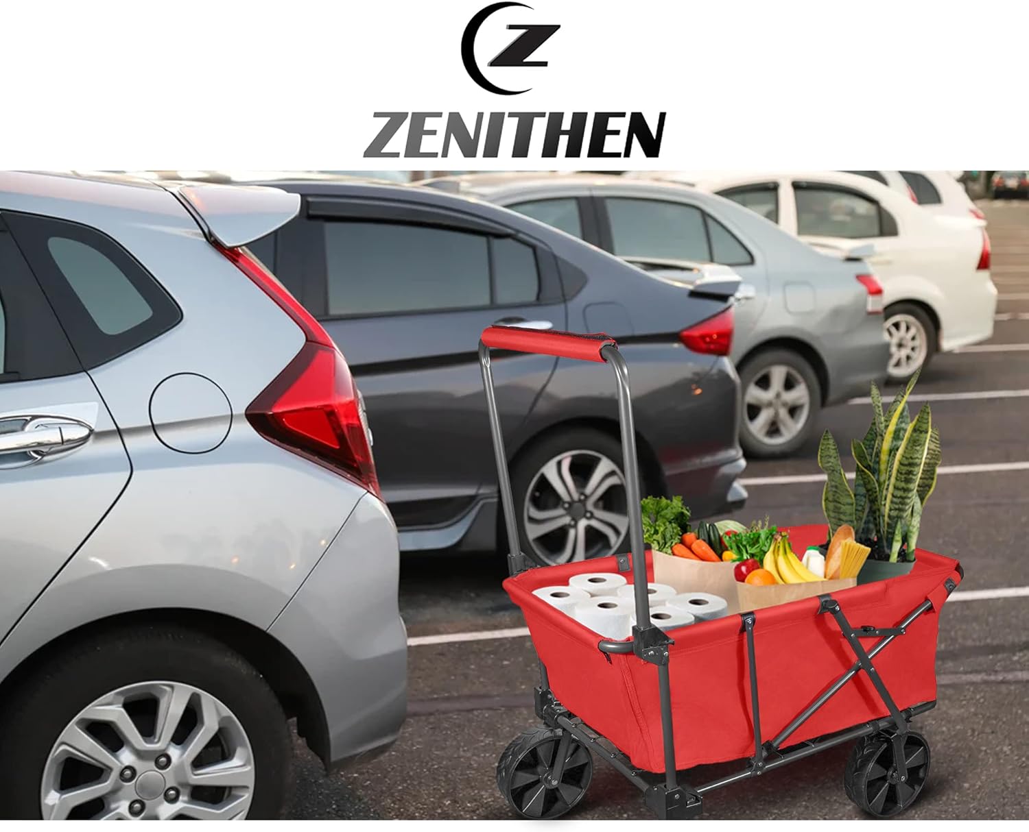 Zenithen Steel Foldable Large Folding Sports Camping Utility Yard Cart Portable Wagon with X-Large All Terrain Wheels, Perfect for Camping, Beach, or Walks, Red