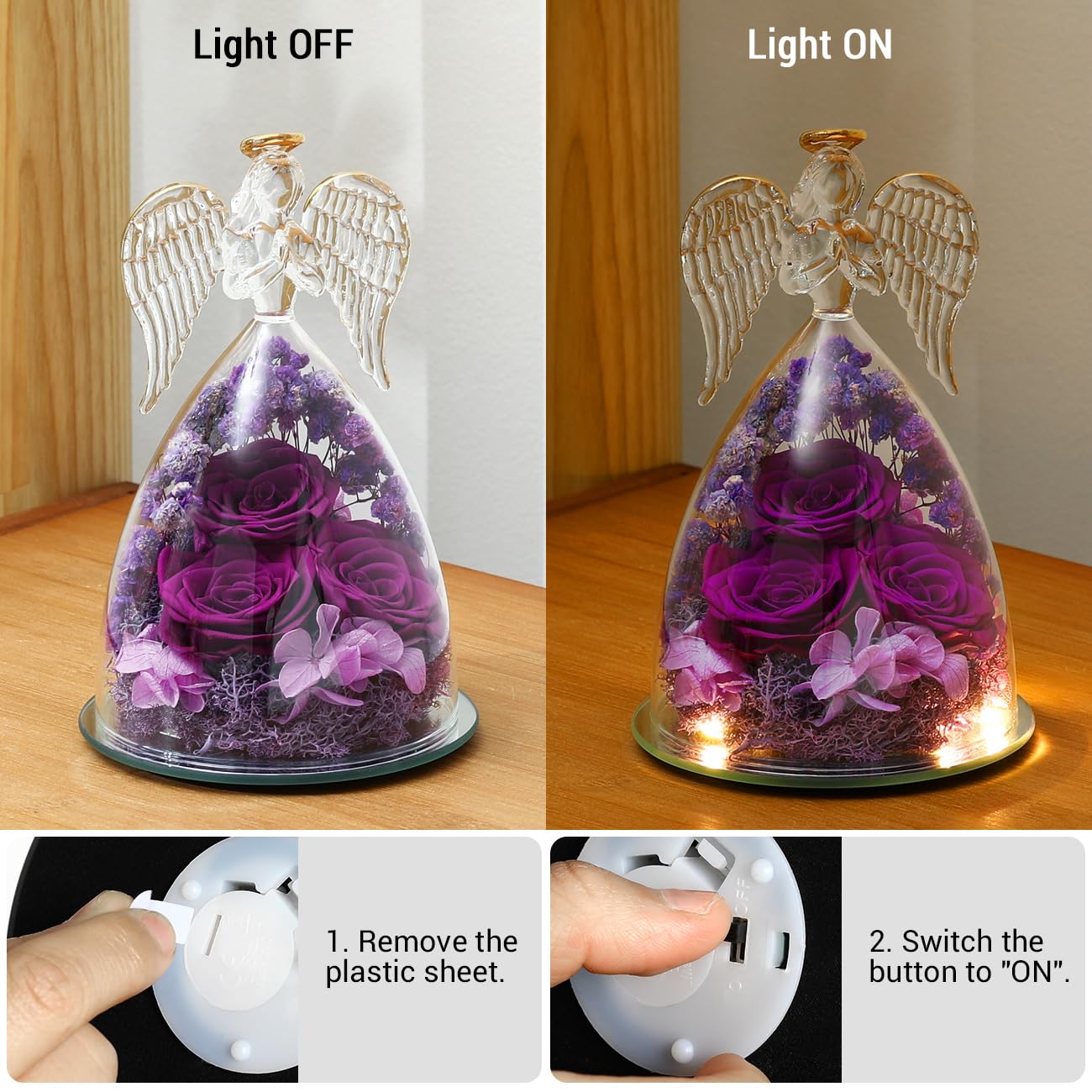 Emibele Preserved Rose Glass Angel Figurines Gifts for Mom Grandma, Purple