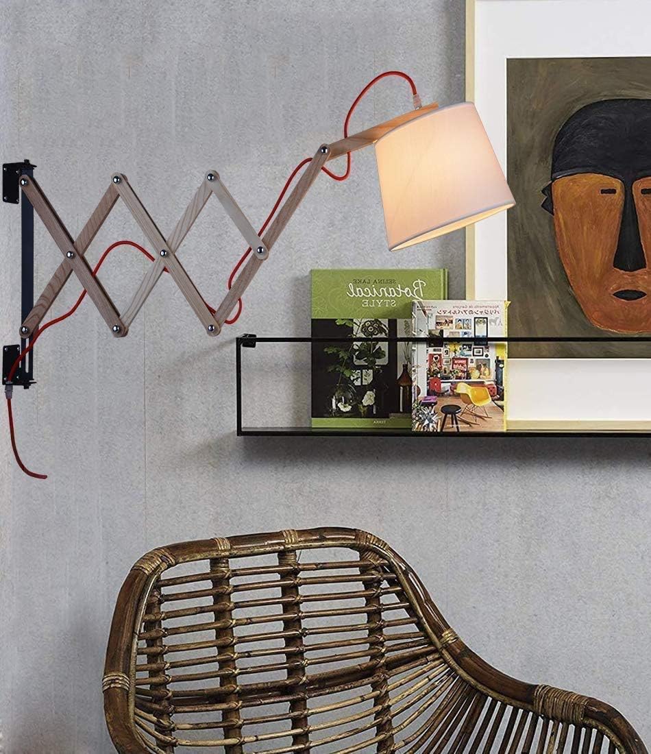 Wandlampen Innen Holz Wandlampe mit Schalter und 1,5m Netzkabel Vintage Scherenlampe Ausziehbar Nachttischlampe Flexible Leselampe Wandleuchte Schlafzimmer Bettlampe E27 Handgearbeitet Stoff Schirm