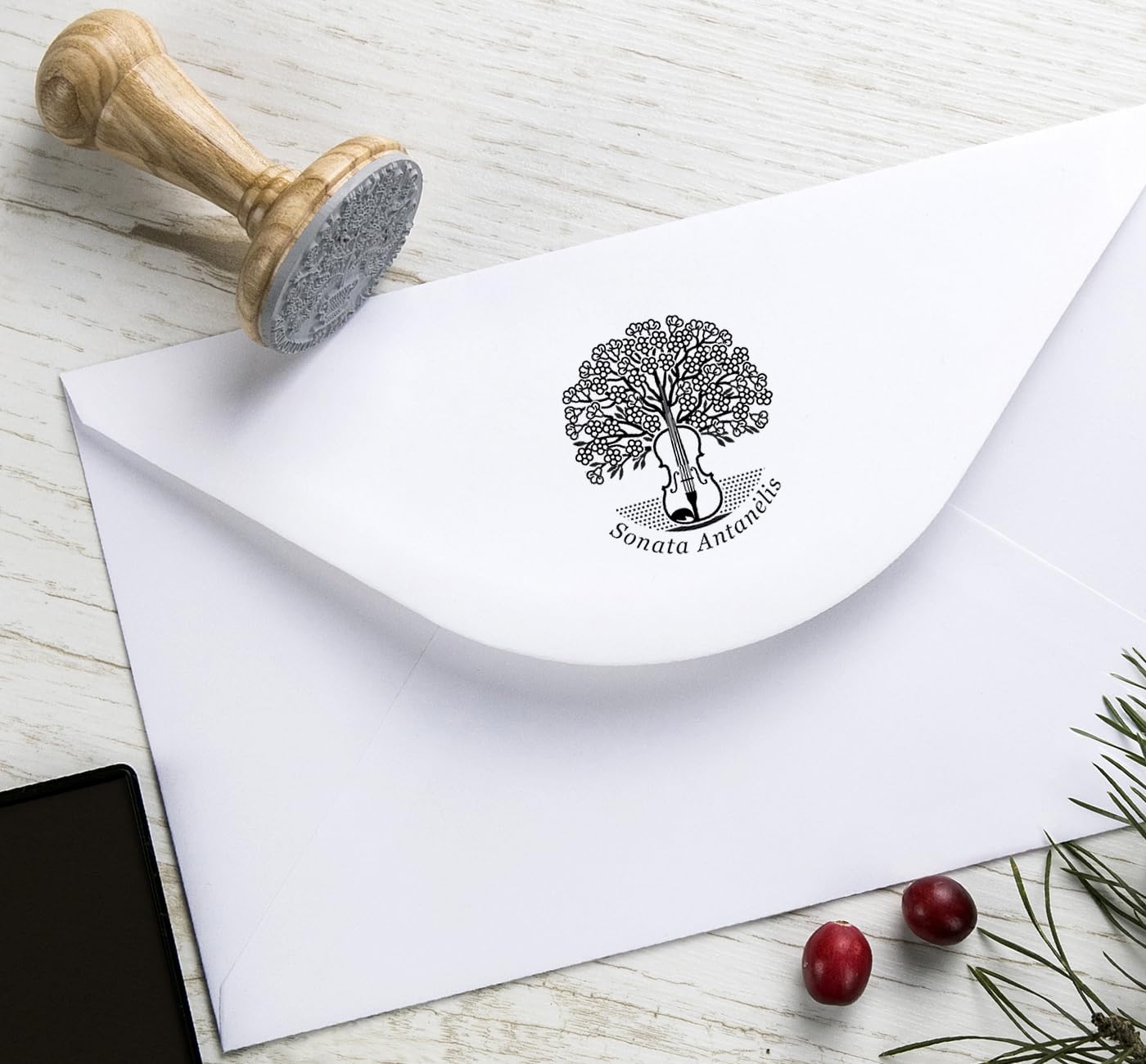 Tampon Personnalisé – Violon et Arbre en Fleurs – Illustration Artistique