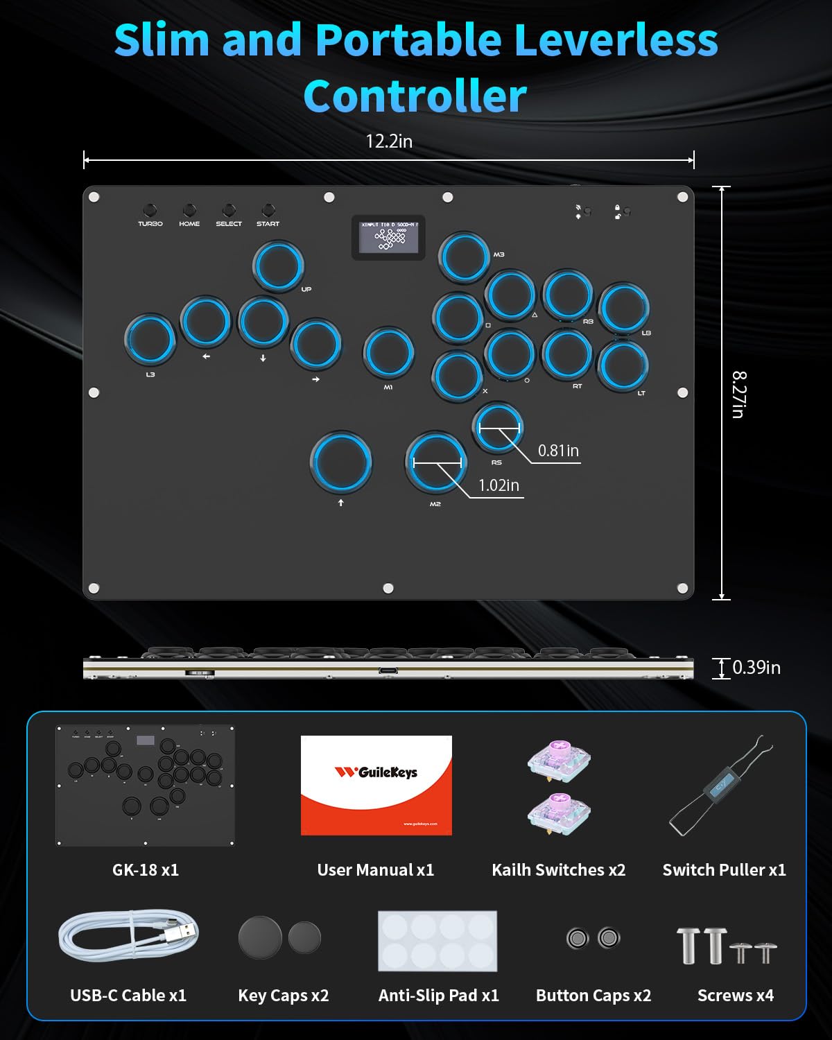 GuileKeys Arcade Stick GK-18 Controller Arcade Tutti i Pulsanti con Turbo e RGB personalizzato, Tastiera di Gioco Arcade Fight Stick per PC/Switch/PS4/PS3, Supporto Hot Swap e SOCD
