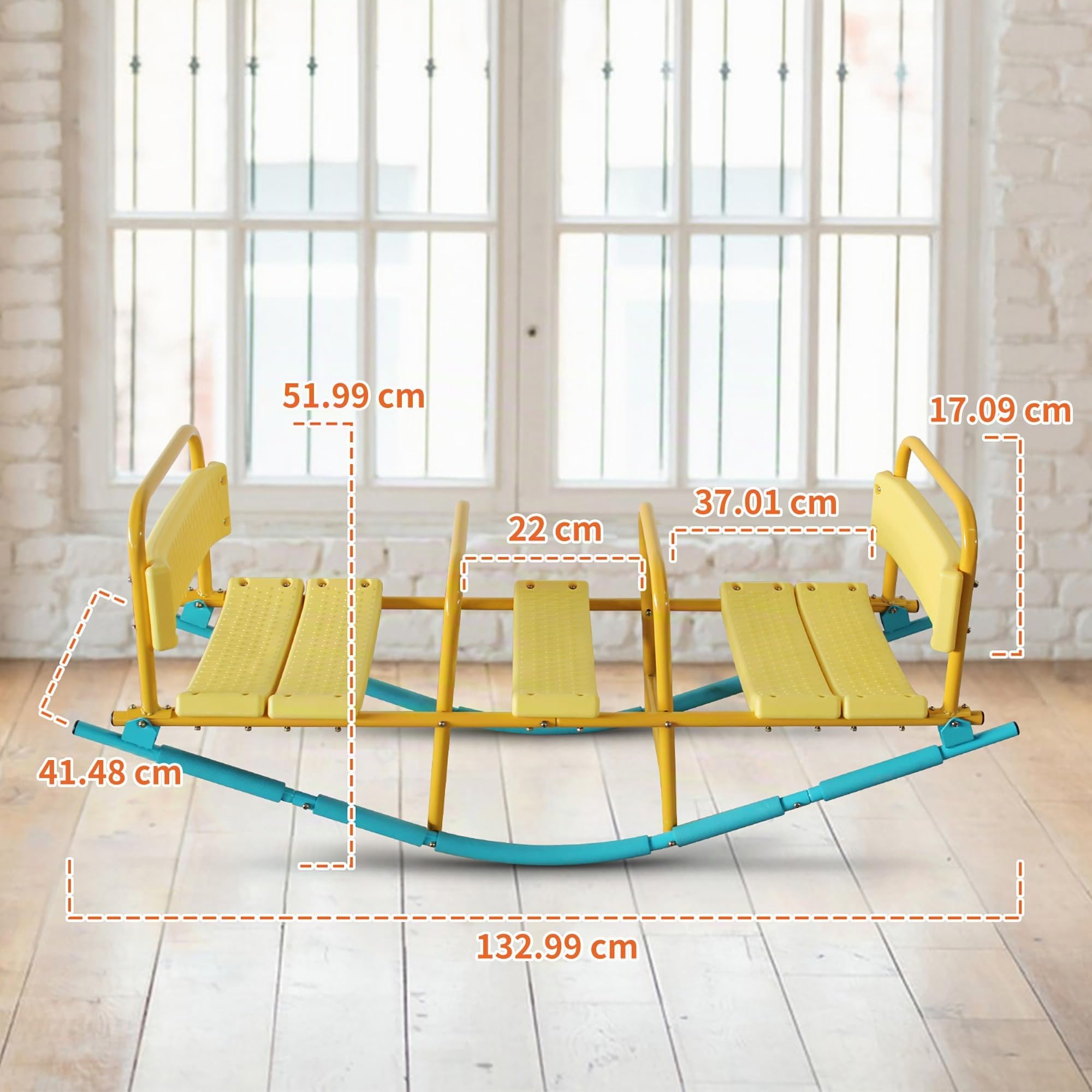 Balançoire à Bascule 3 Places, Dossiers et Poignées, Trébuchet en Métal pour Jardin, Salon, École – Assise Confortable, Anti-Rouille–Balancoire Exterieur avec 3 Sièges pour Enfant 3-8 Ans