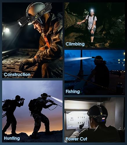 Miniatura 8 de MoKo Linterna frontal recargable de 150000 lúmenes, batería de 60 horas de duración desmontable, 8 modos súper brillante, bombilla de 50 W, IP68,