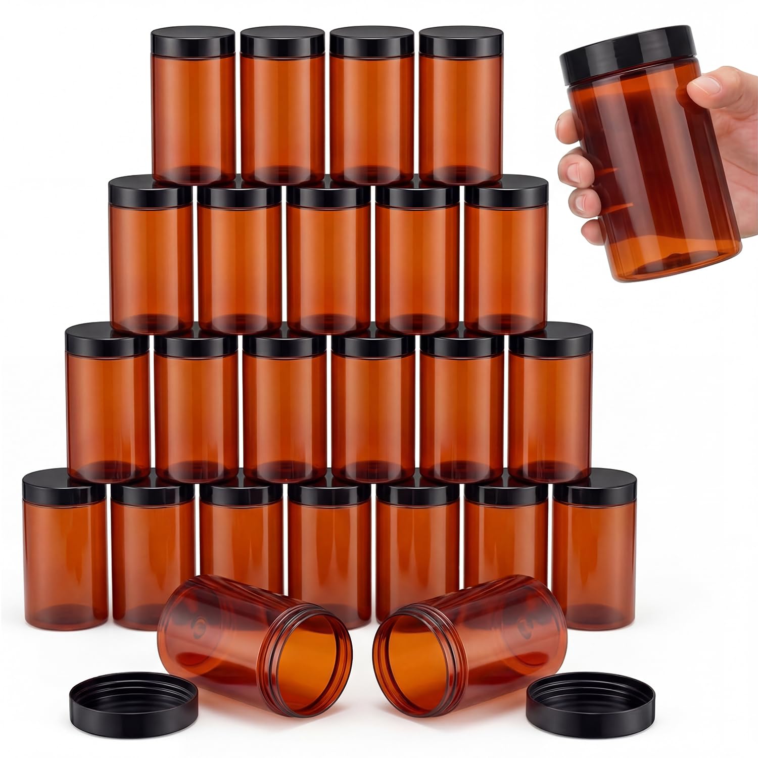 SATINIOR 24 Pieces Clear Plastic Jars with Lids, Amber Lid, 10 oz