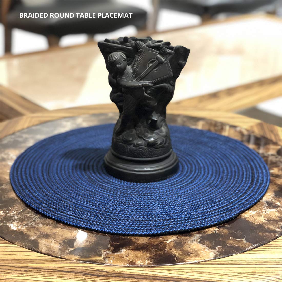 SAPROSE® Polypropylene Multipurpose Braided Round Table Mat (1 PC Pack, 40 cm), Dinning Place mats, Side Table Mat, Doilies, Machine Washable Large Mat for Dining Table (15.5" Dia, Blue-Black) 2