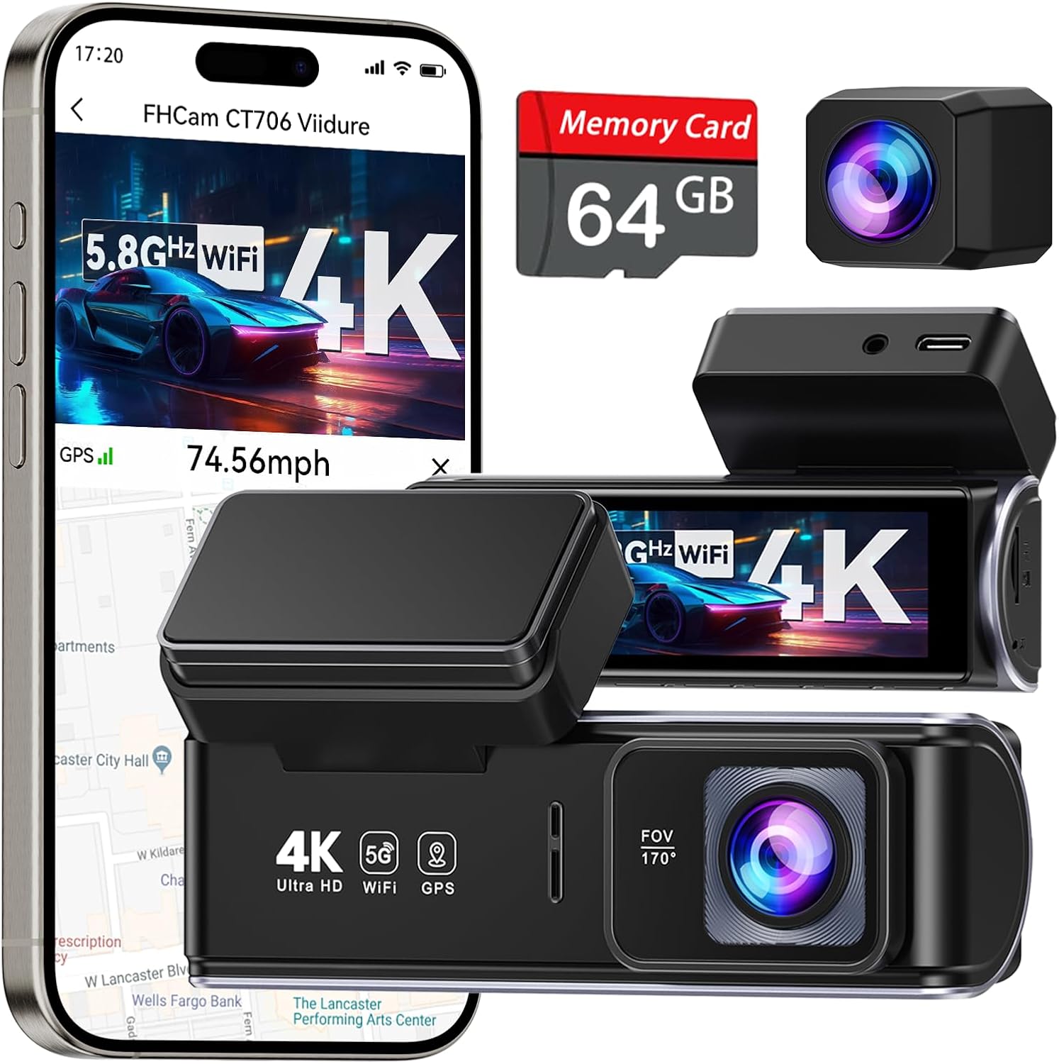 UVVlO Dash Cam Front and Rear - 2026 Upgrade 4k/2k FHD Dash Camera for Cars - 3.59" lPS Display Dual Dashcam w/Free 64GB Card, 5.8GHz WiFi, GPS, Emergency Lock, WDR, Night Vision, 24H Parking Mode
