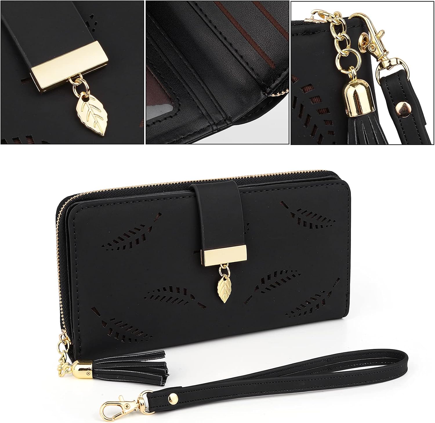 UTO Portafoglio Donna Foglia d'oro con chiusura a scatto e Nappa Borsa da polso e Cerniera Pochette e Clutch adatta per telefono cellulare e monete contanti