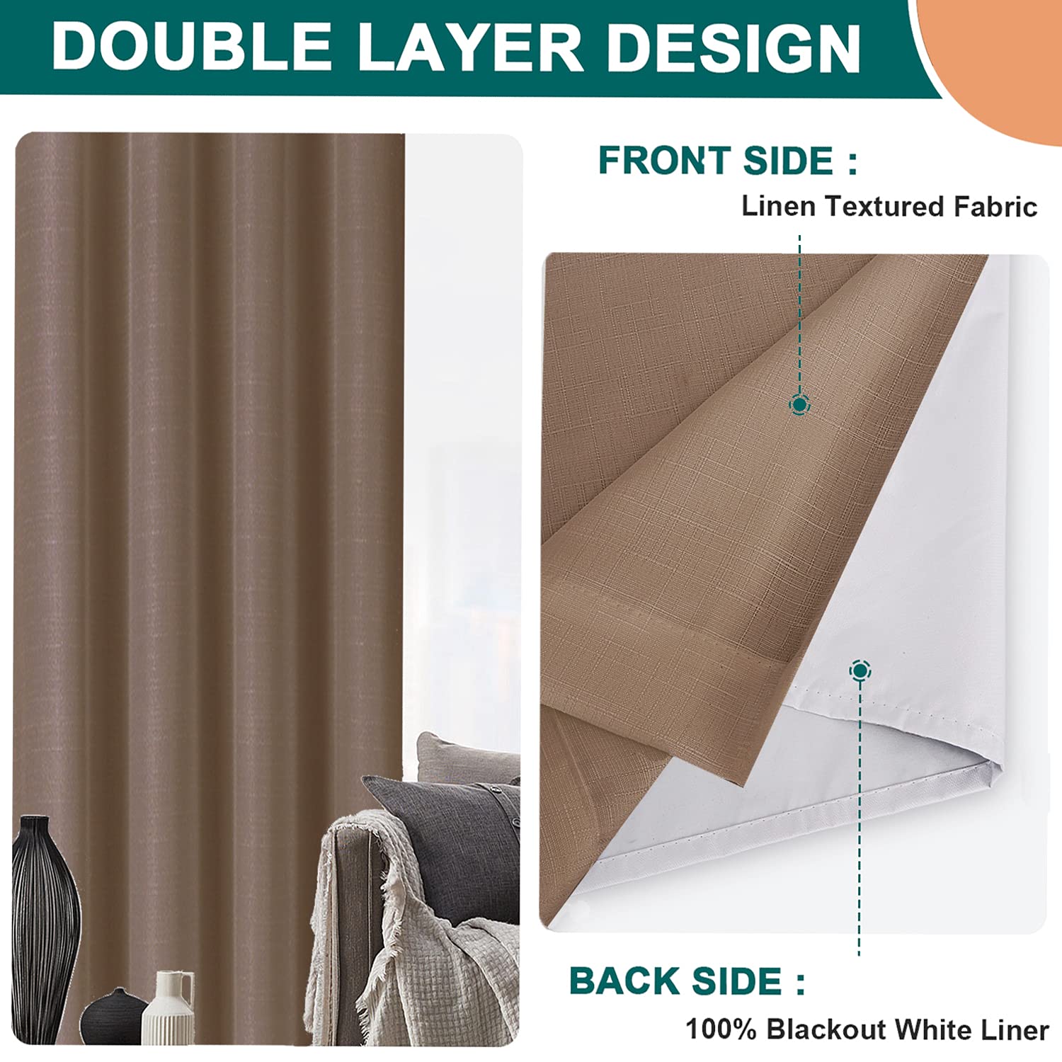 Diraysid 100% Blackout Curtains Cappuccino Linen Curtains for Bedroom Grommet Thermal Insulated Room Darkening Drapes (2 Panels, W52 x L95 Inch)