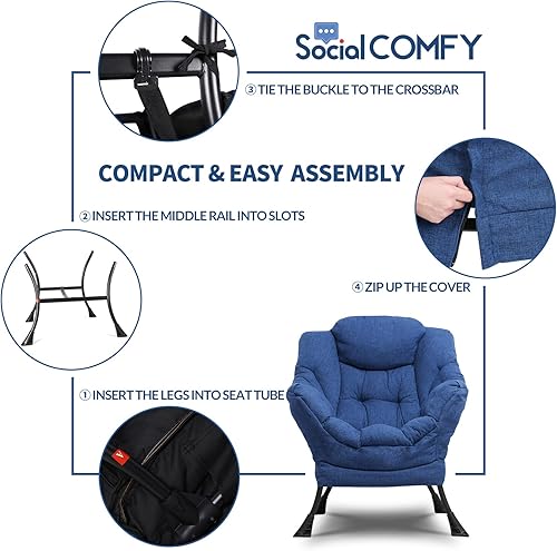 Miniatura 7 de SOCIALCOMFY Silla moderna de tela de algodón, cómoda silla reclinable tapizada individual, silla de descanso contemporánea de acento suave con