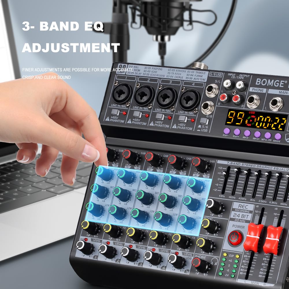 BOMGE Mixeur audio DJ professionnel 06 A 6 canaux, mixeur sonore avec 99 effets DSP, égaliseur 7 bandes indépendant, 48 V, interface Bluetooth USB, enregistrement pour studio, scène, fête,