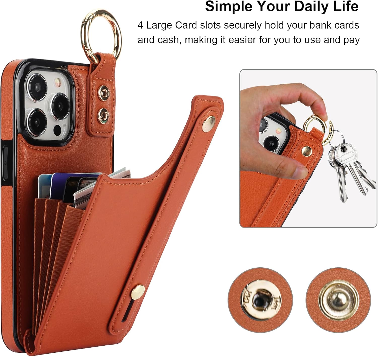 Folosu for iPhone 15 Pro Max Wallet Case with Card Holder, Hand Wrist Strap Loop Holder Kickstand, RFID Blocking Finger Grip Ring PU Leather Double Buttons Shockproof Cover 6.7" Brown