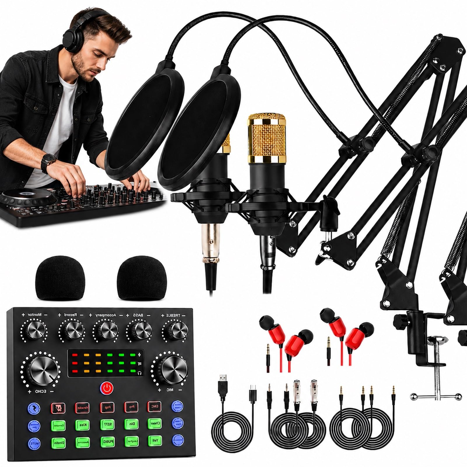 Generico Kit Per Podcast Per 2 Persone, Mixer Audio E Cambiavoce Tutto In Uno Con Due Microfoni A Condensatore Da Studio, Set Perfetto Per DJ, Streaming Live Su PC, Gaming E Registrazione(Gold)
