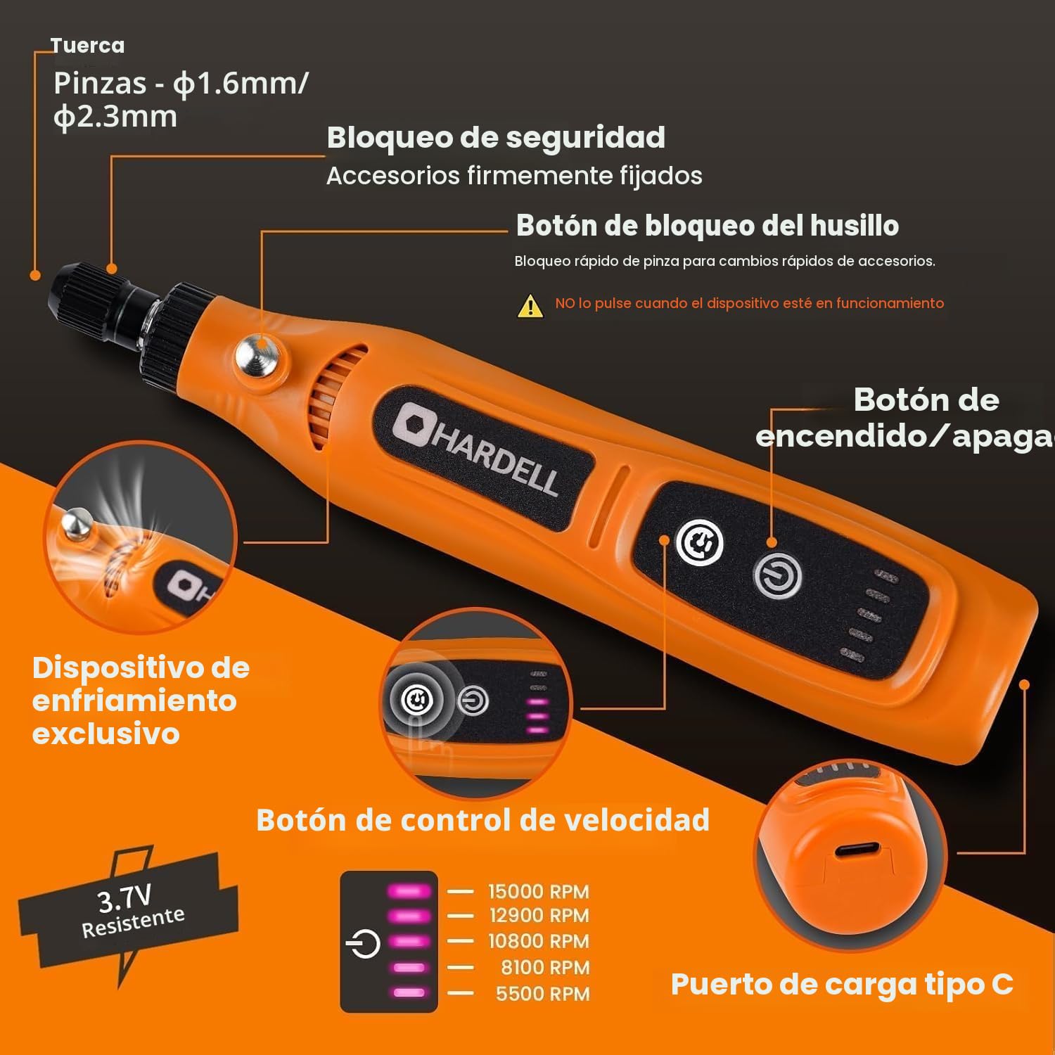 HARDELL Mini Amoladora Bateria, 3.7V Herramienta Rotativa Bateria Con 43 Accesorios, Usar Mientras Se Carga, 5 Velocidades para Pulido, Esmerilar, Grabar, Perforar, Lijado, Moler, Bricolaje