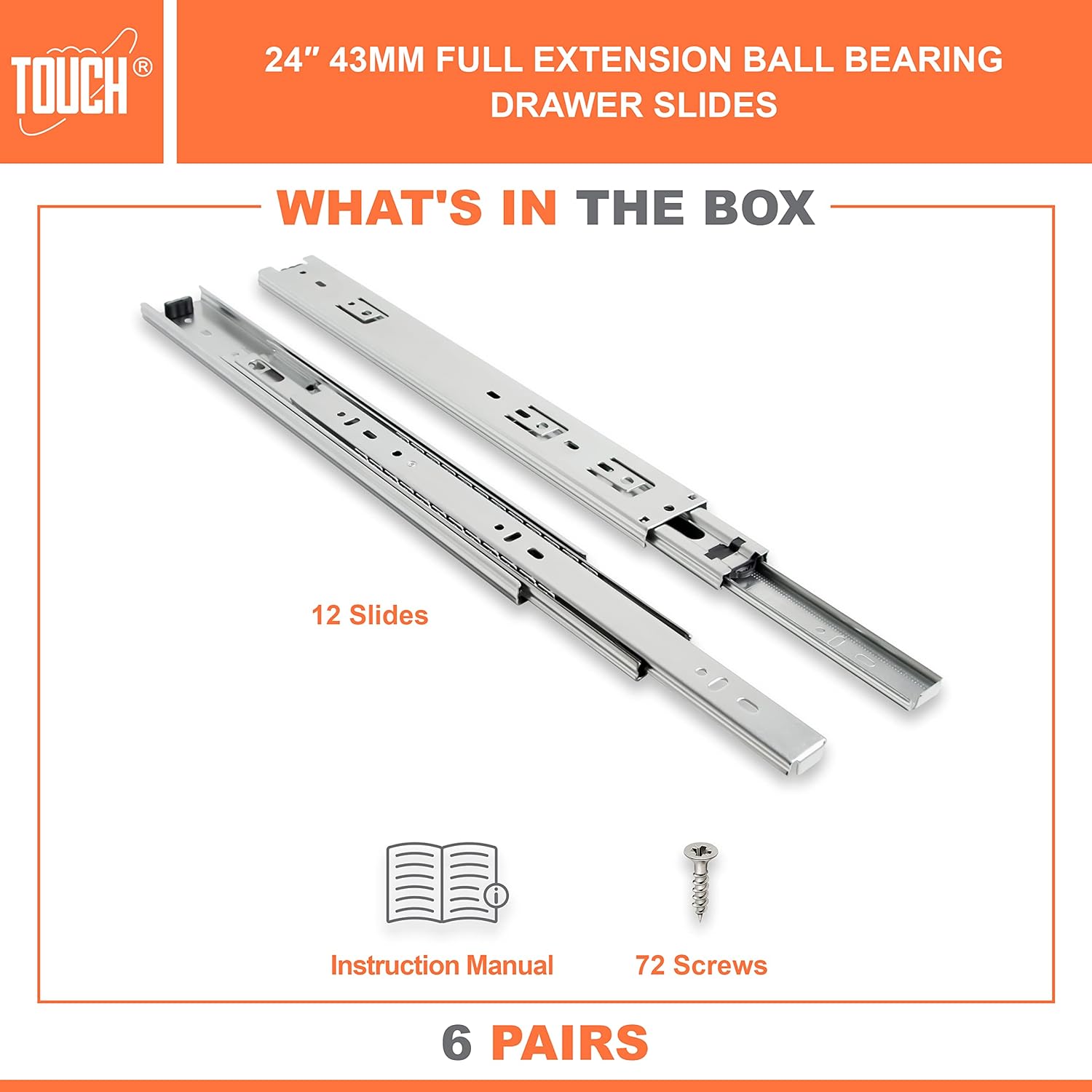 TOUCH Drawer Slides (6 Pairs, 24 Inch 600mm) Full Extension Side Mount Ball Bearing 3 Folds Metal Rails Track Guide Glides Runners Heavy Duty Drawer Dresser Kitchen, 75 LB Capacity